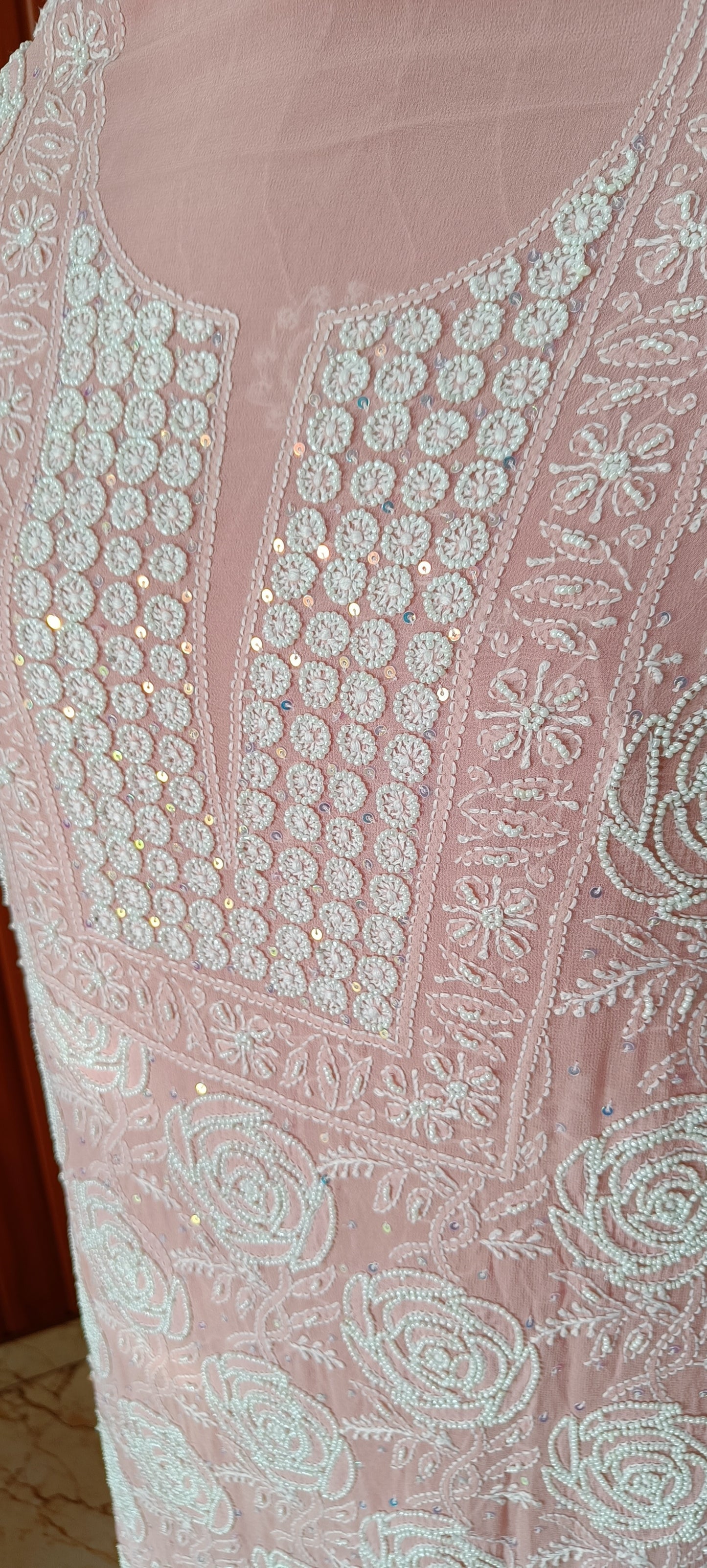 Pink fine Chikankari pearl sequins Kurta and Dupatta