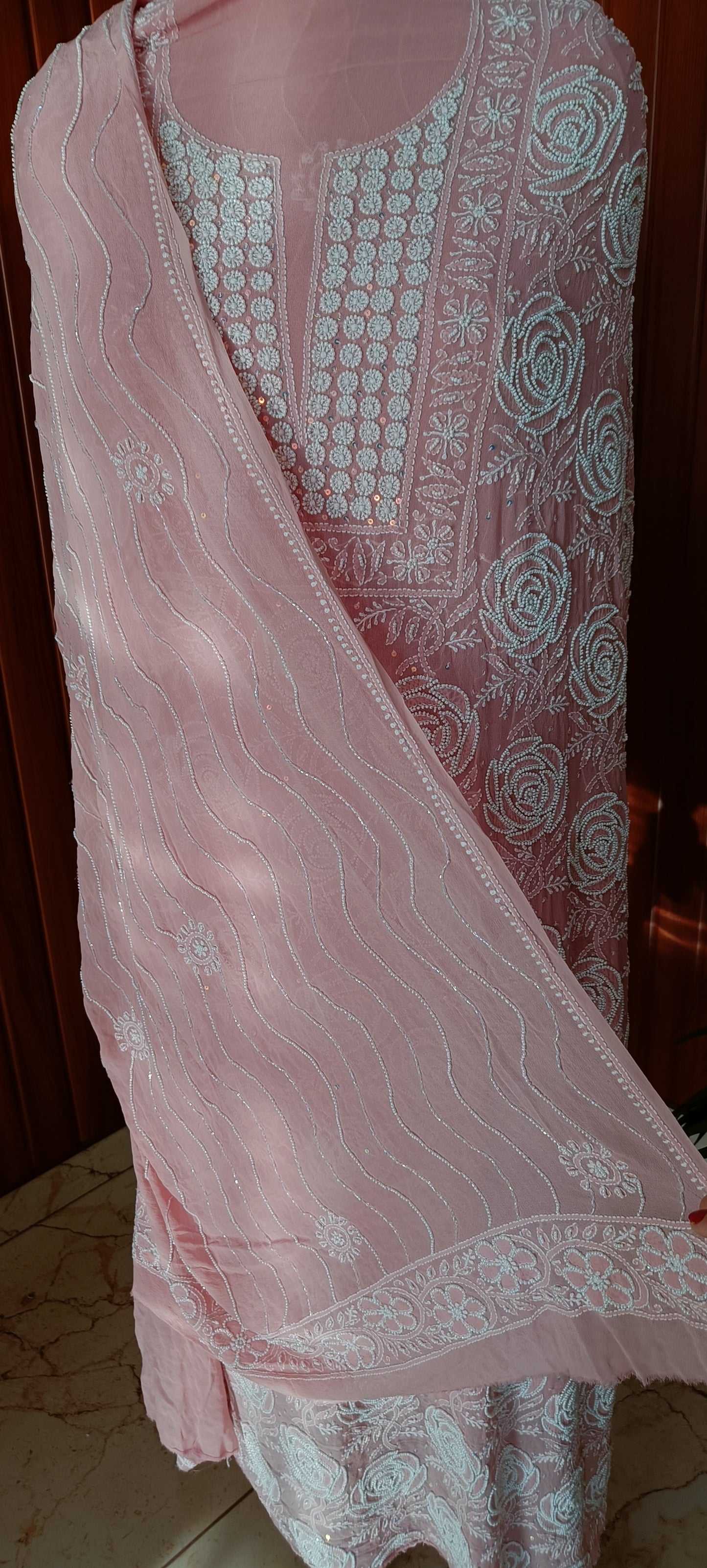 Pink fine Chikankari pearl sequins Kurta and Dupatta