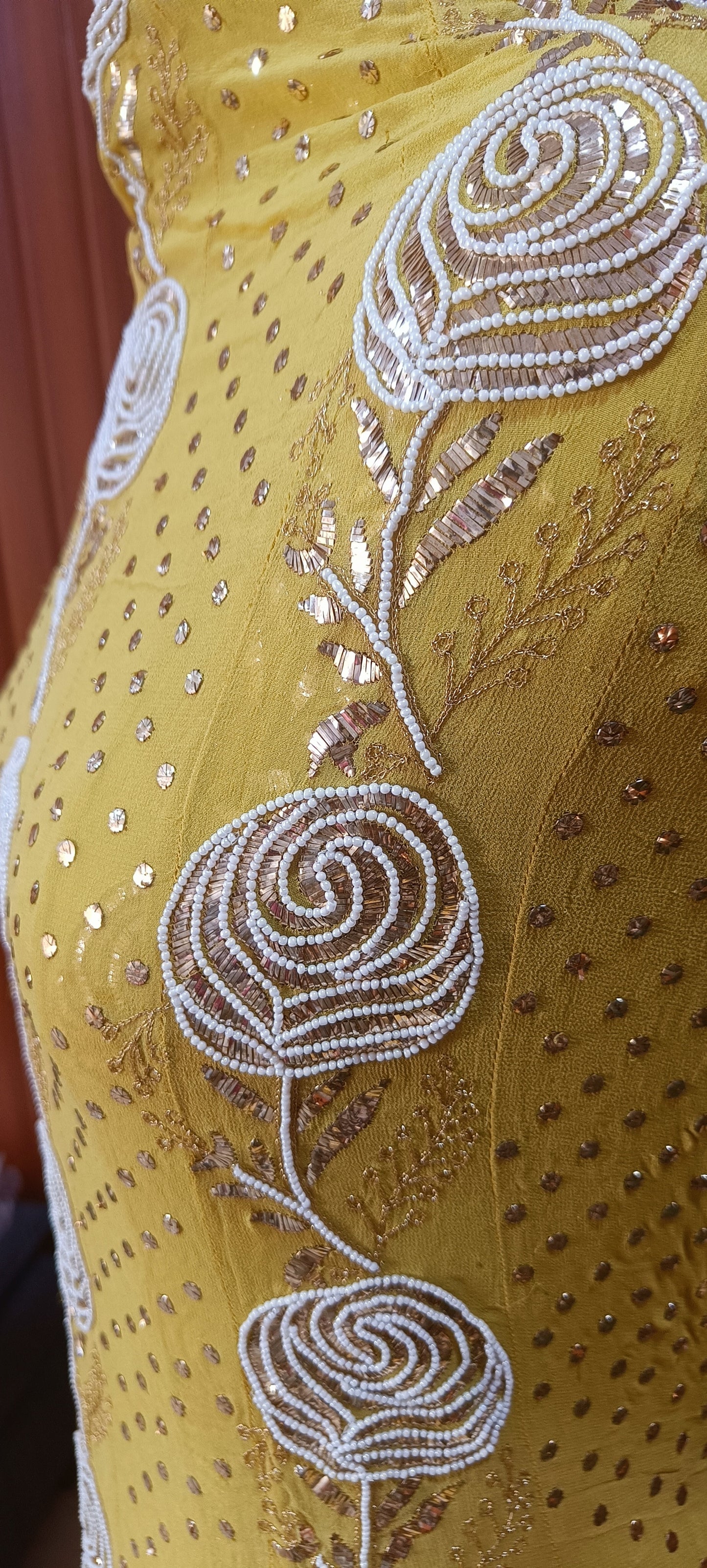 Mustard Yellow Ruhani Badla and Pearl Embroidered Anarkali Suit