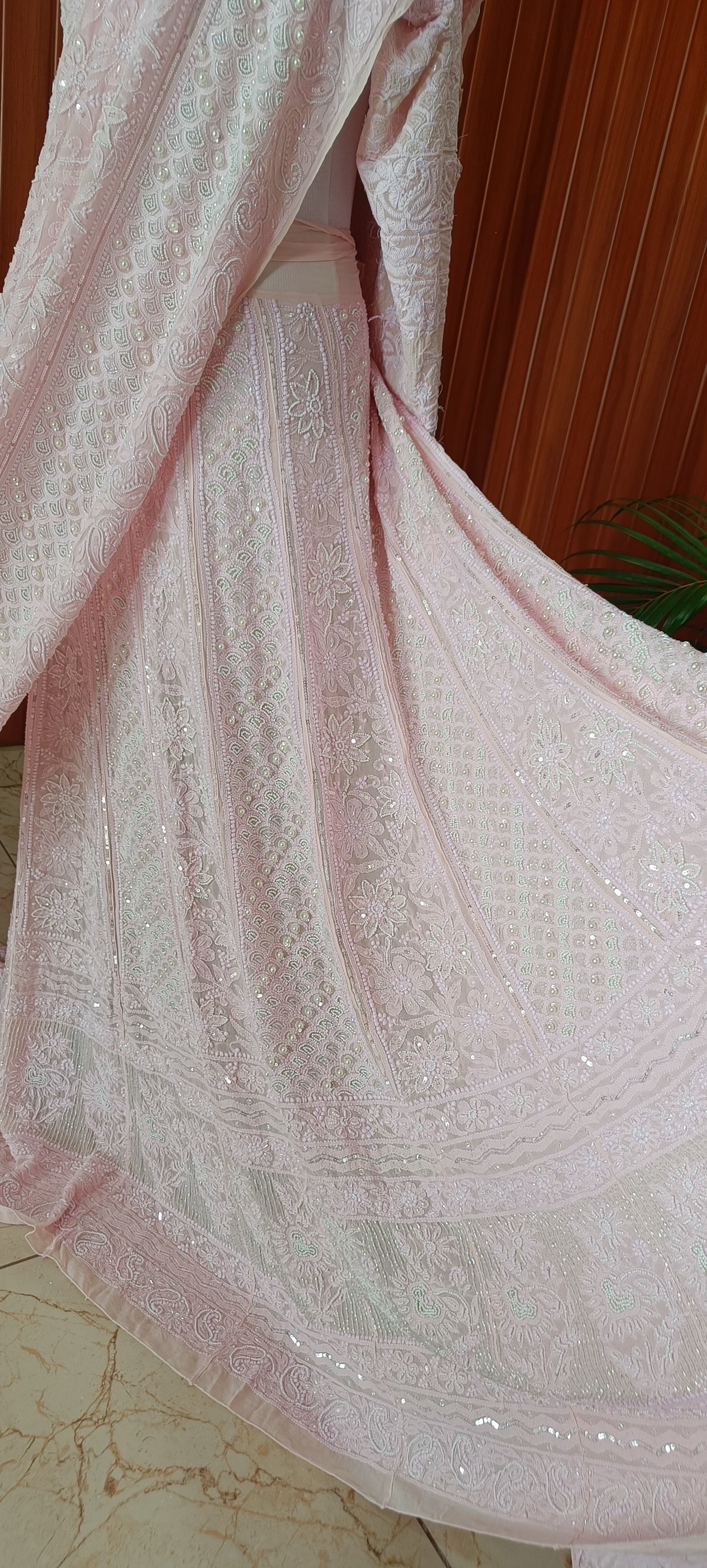 Ruhani Pink Chikankari Pearl Cut Dana Sequins Wedding Lehenga