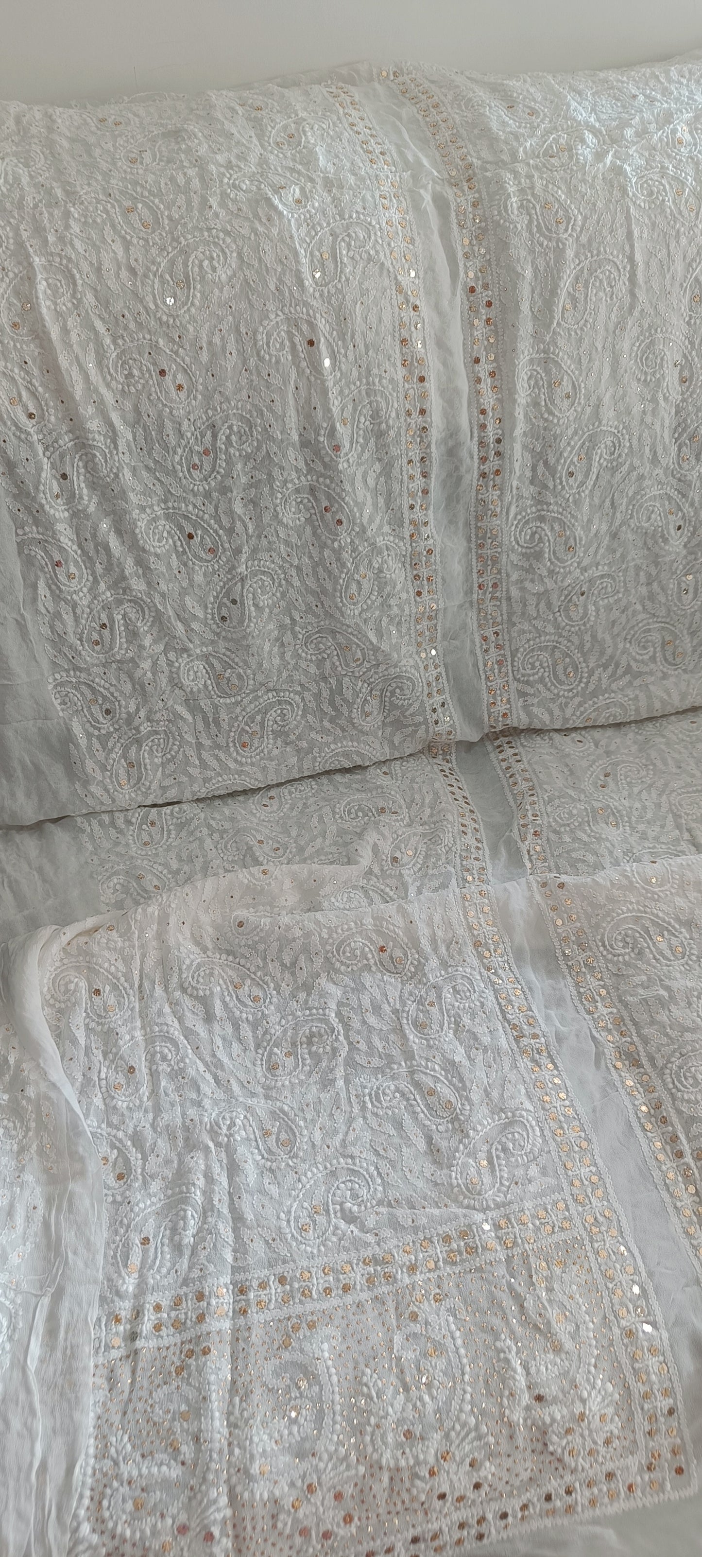 White Half Pure Georgette allover Chikankari and Mukaish Men's Sherwani Fabric