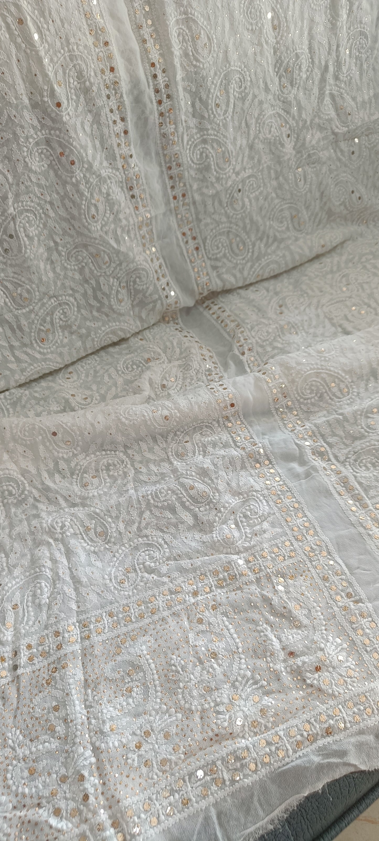 White Half Pure Georgette allover Chikankari and Mukaish Men's Sherwani Fabric