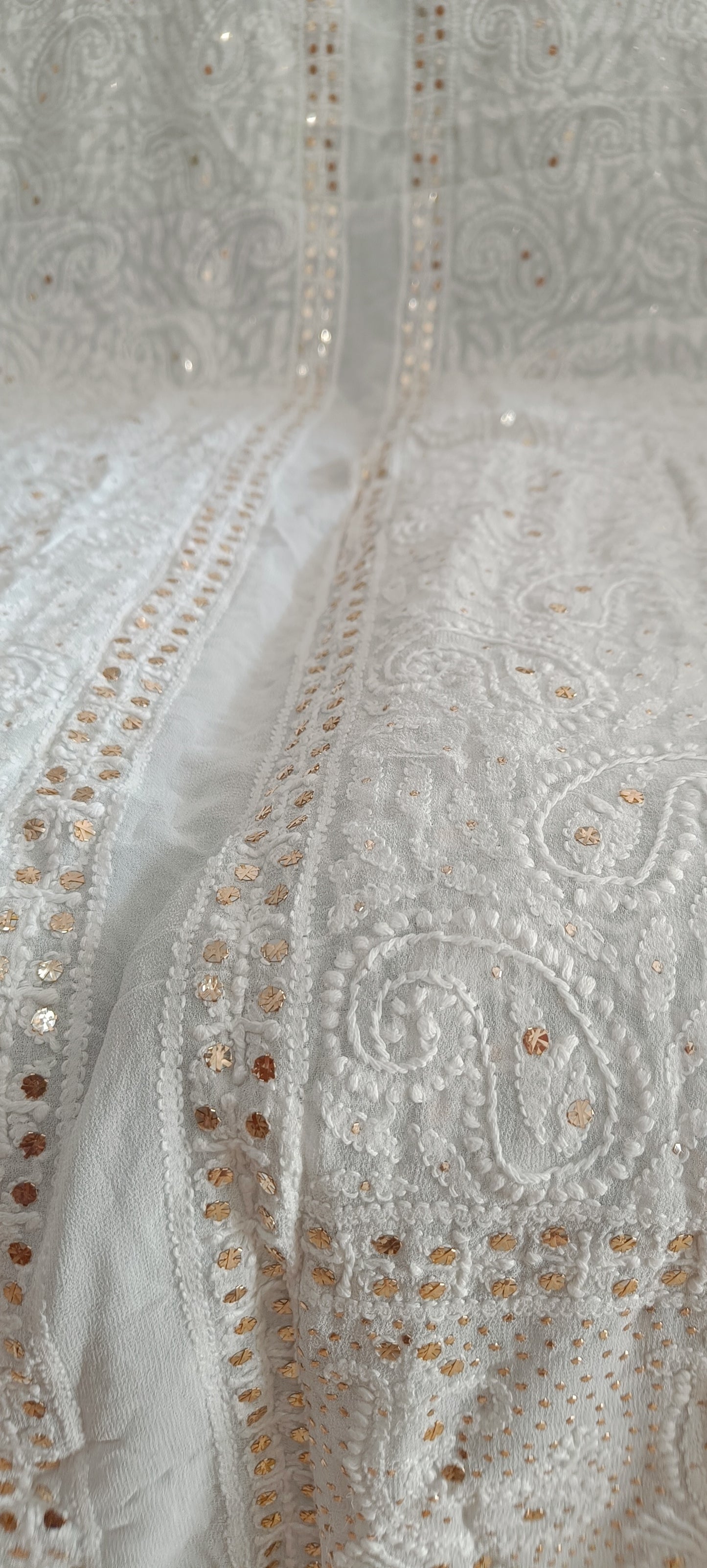White Half Pure Georgette allover Chikankari and Mukaish Men's Sherwani Fabric