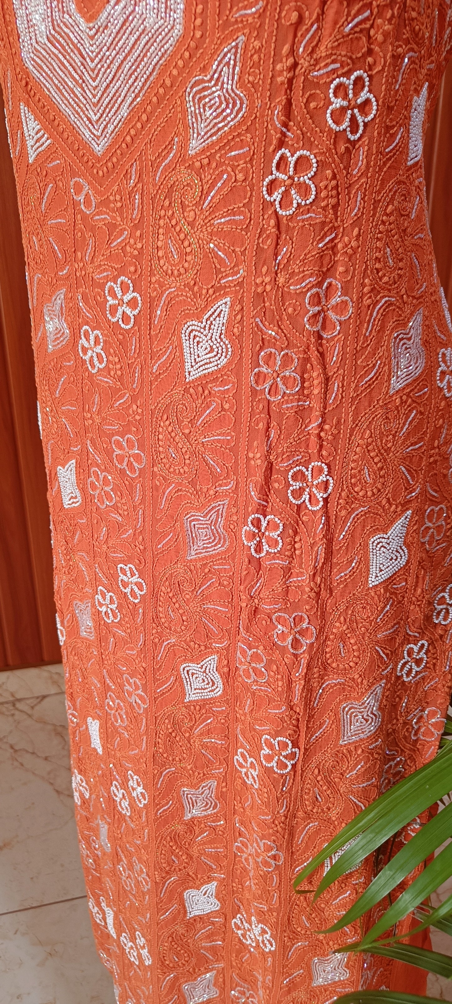 Orange Chikankari Pearl Beads and Cut Dana Kurta and Dupatta