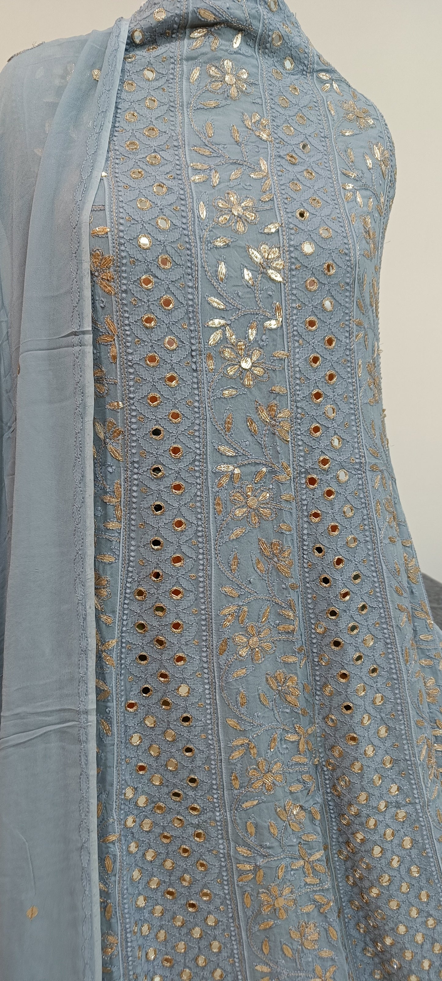 Grey Chikankari Mirror and Gota Patti Anarkali with Dupatta