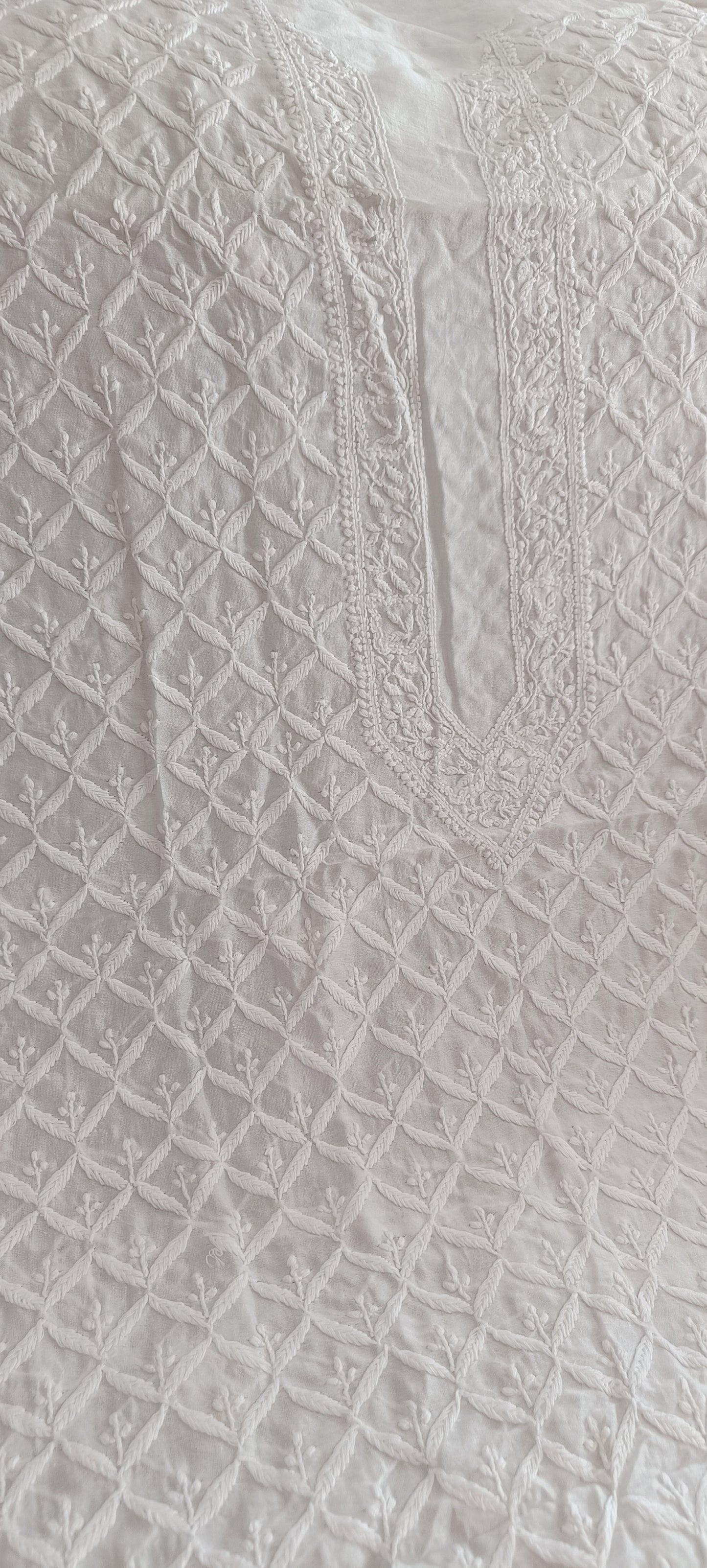 Ivory Chanderi Silk Men's Kurta fabric with fine Chikankari