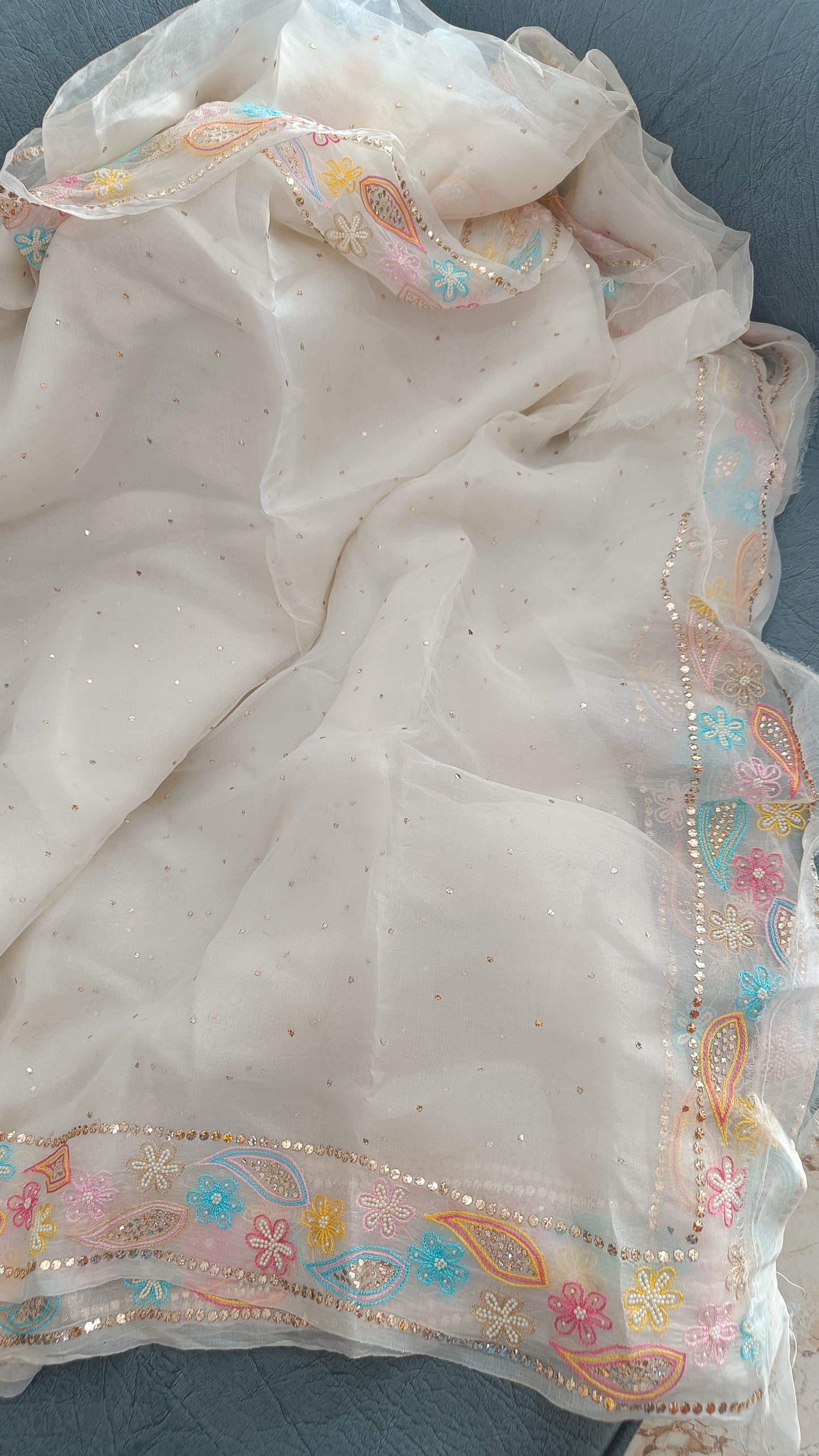 Ruhani Ivory Pure Organza Saree with Allover Mukaish and multicolored border