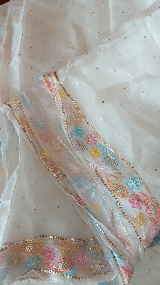 Ruhani Ivory Pure Organza Saree with Allover Mukaish and multicolored border