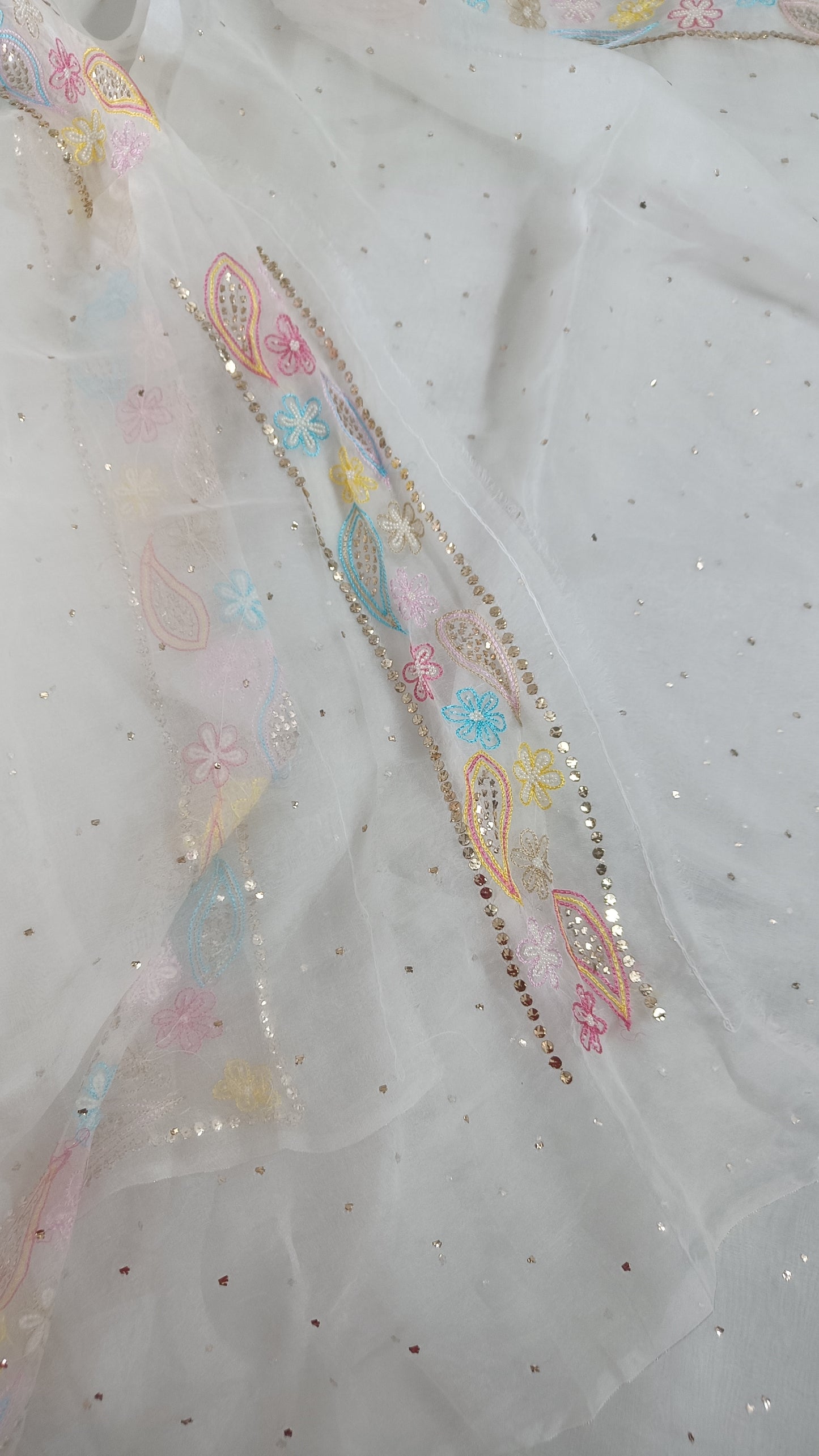 Ruhani Ivory Pure Organza Saree with Allover Mukaish and multicolored border