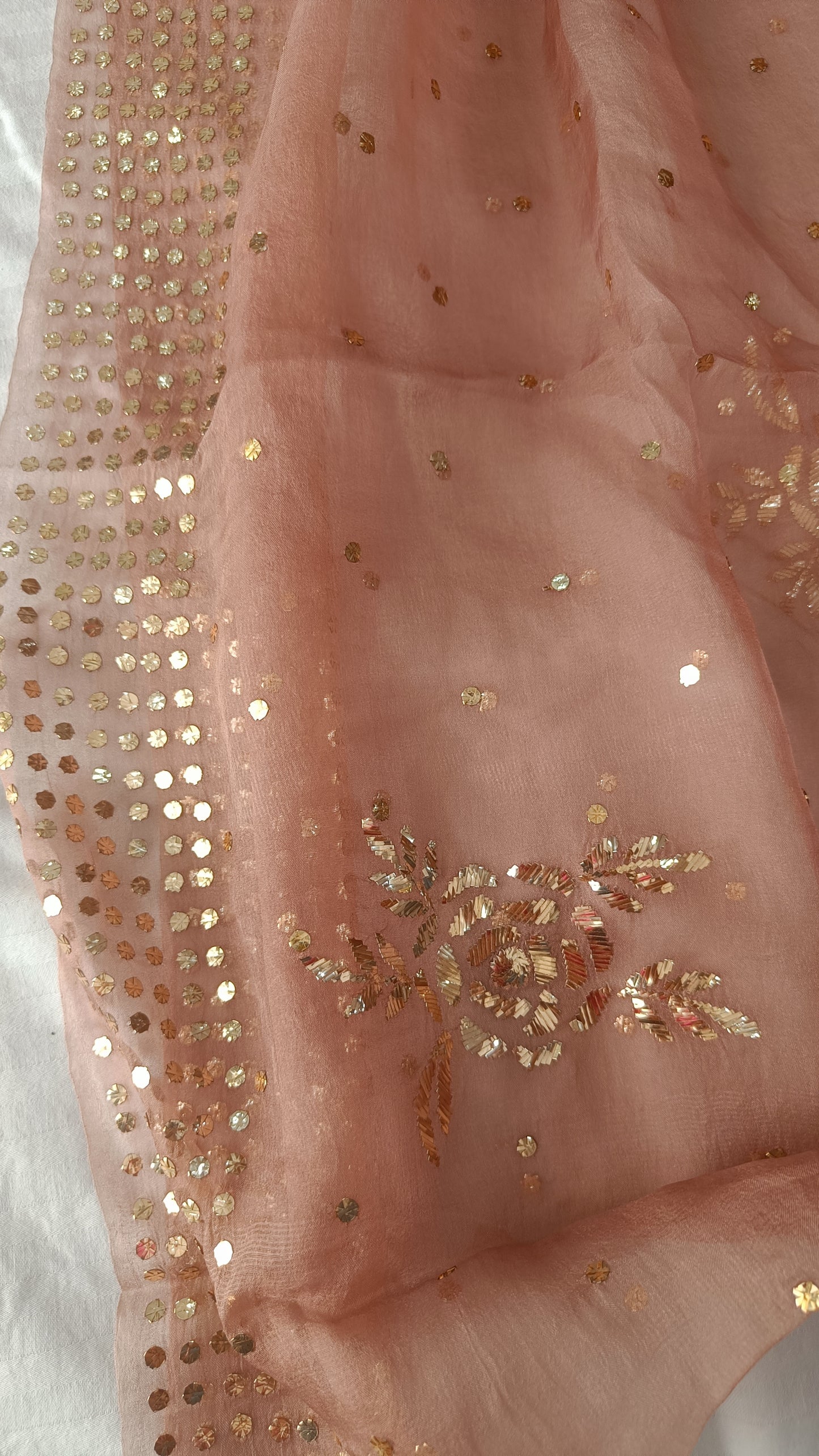 Old Rose Pure Organza Saree with Badla and Mukaish Work
