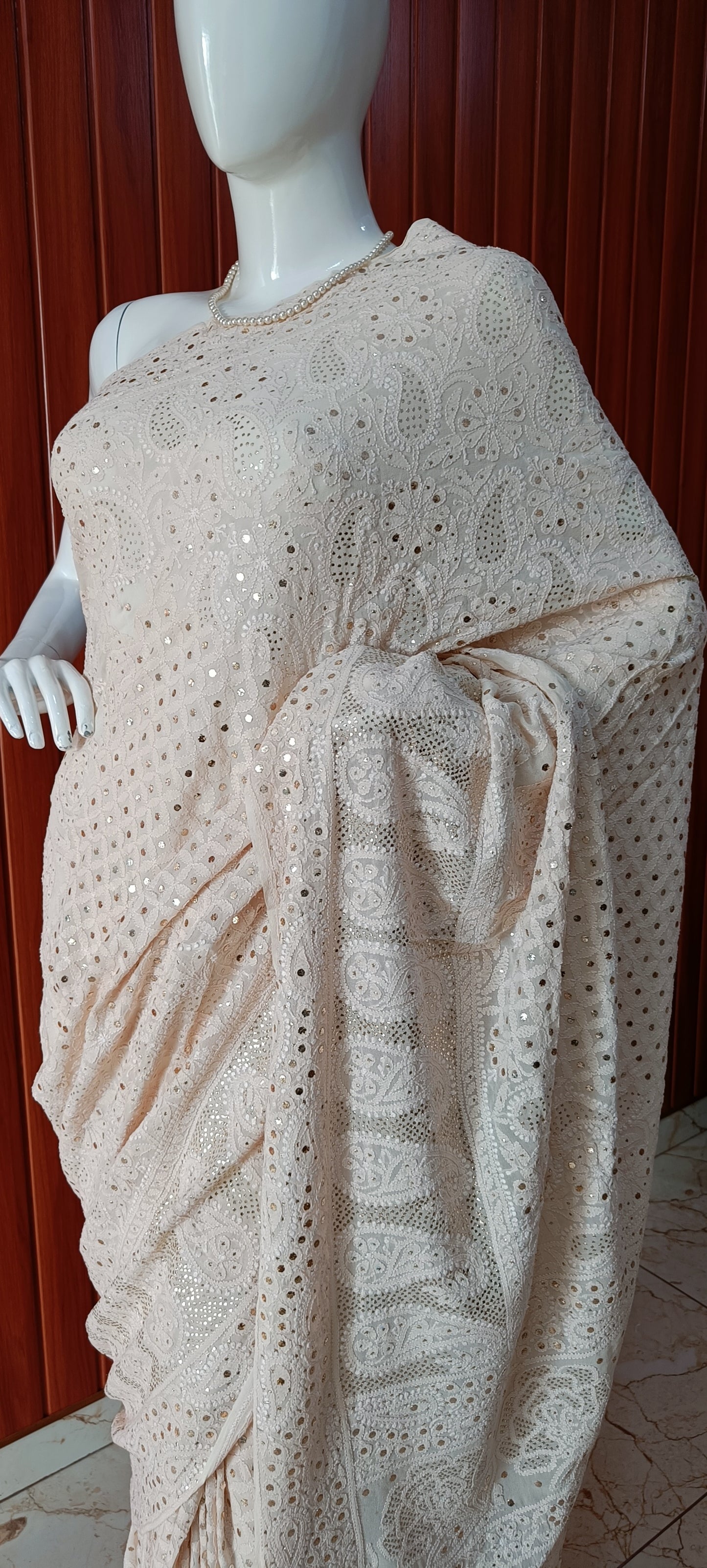 Beige Ruhani Allover Chikankari and Mukaish Saree