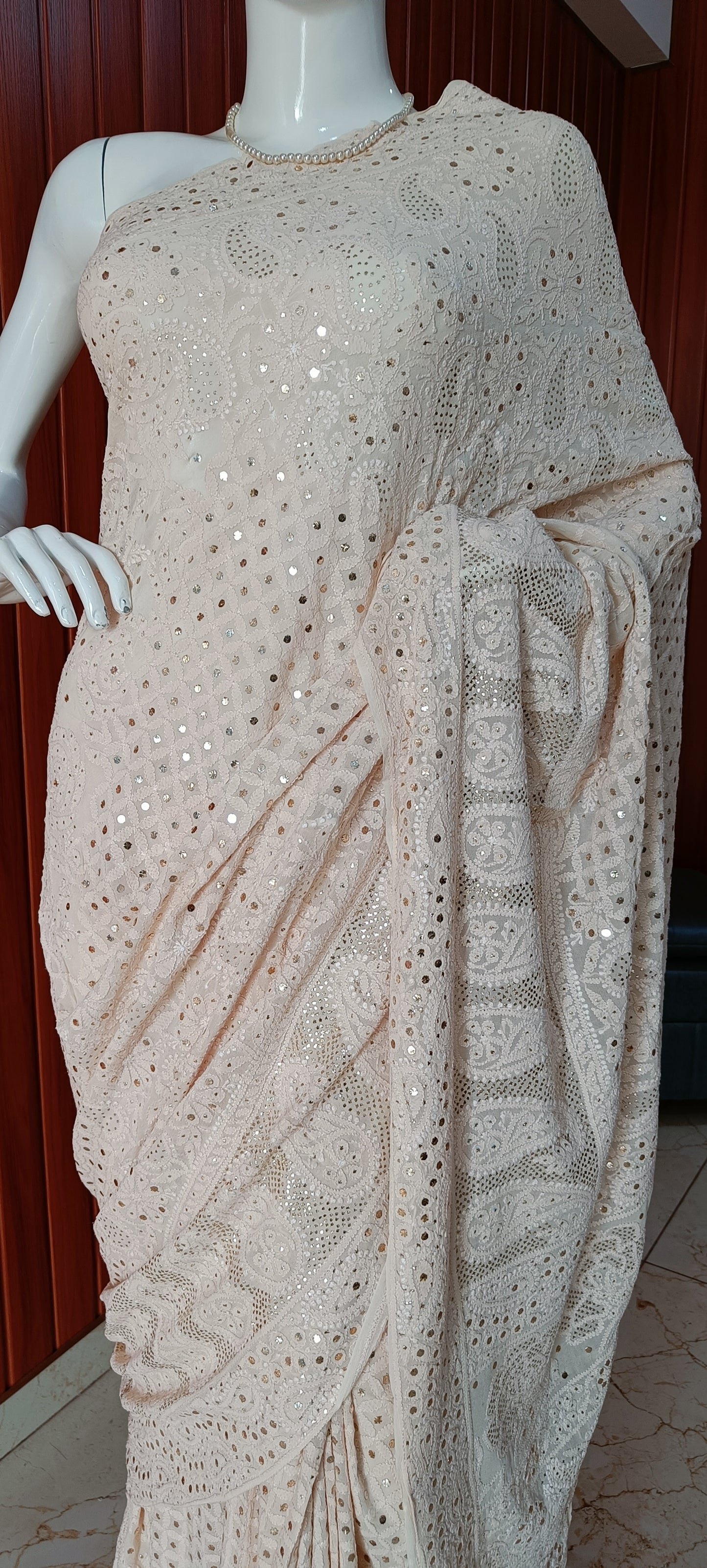 Beige Ruhani Allover Chikankari and Mukaish Saree