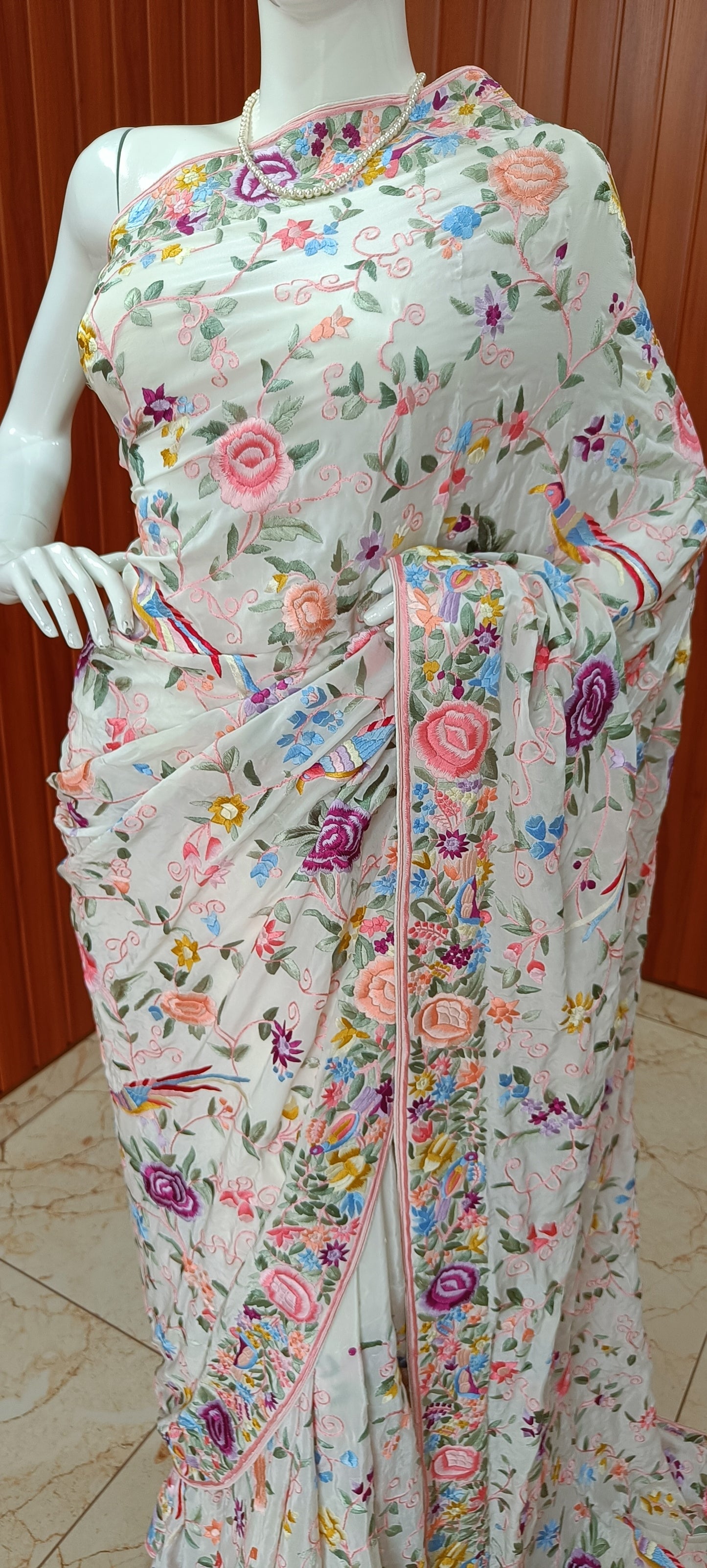 Cream Masterpiece Parsi Gara Pure Crepe Saree