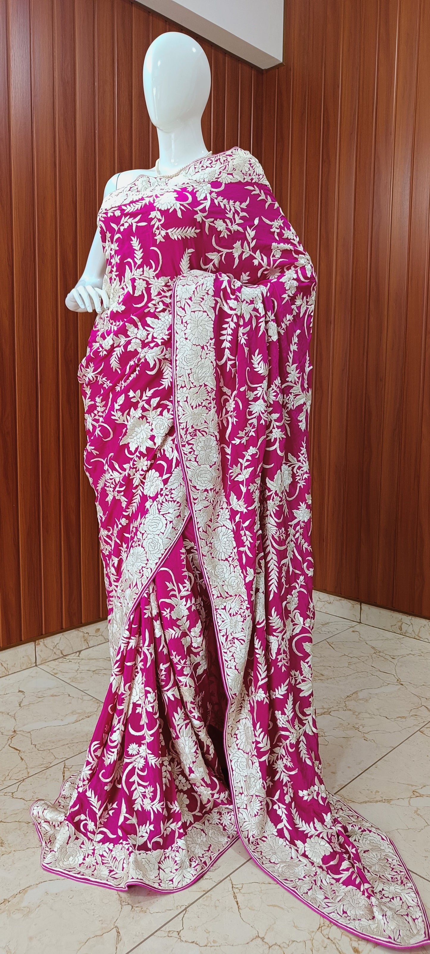 Magenta Masterpiece Parsi Gara Pure Crepe Saree