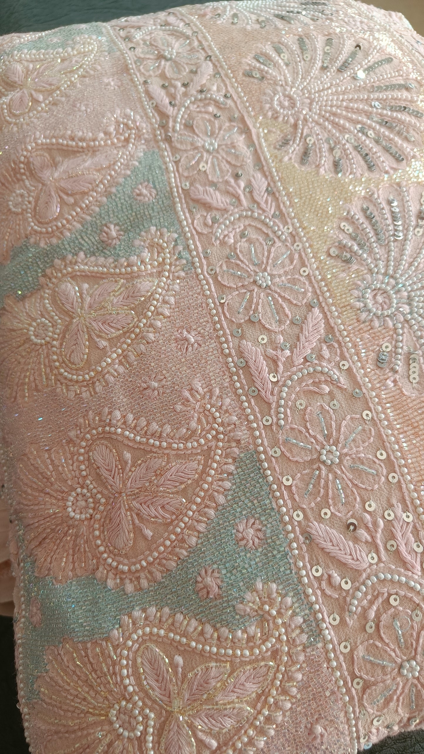 Ruhani Blush Pink 3 taar Chikankari Saree embellished with Pearl Sequins and Cut Dana