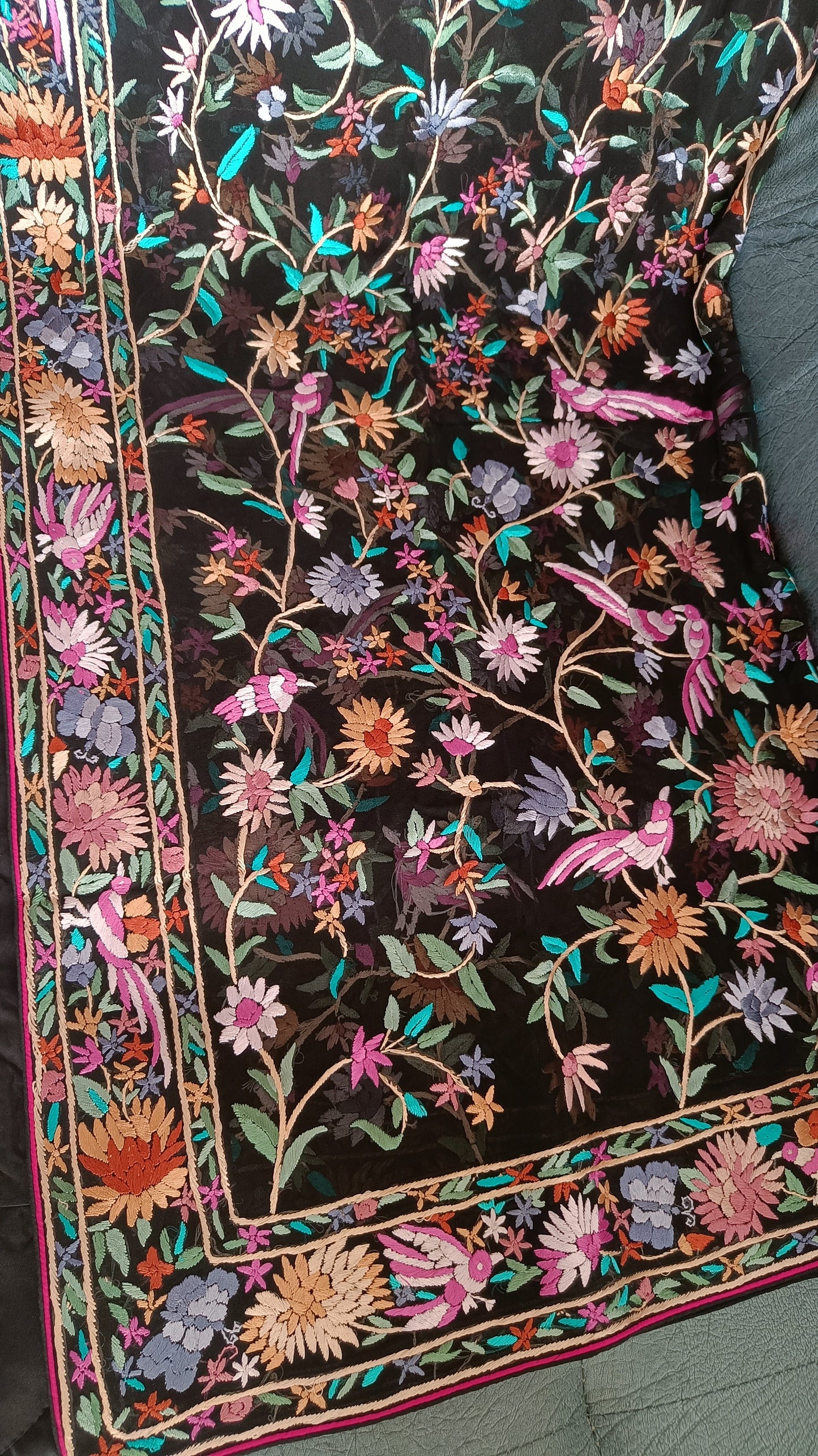 Black and Multicolored Masterpiece Parsi Gara Hand Embroidered Dupatta