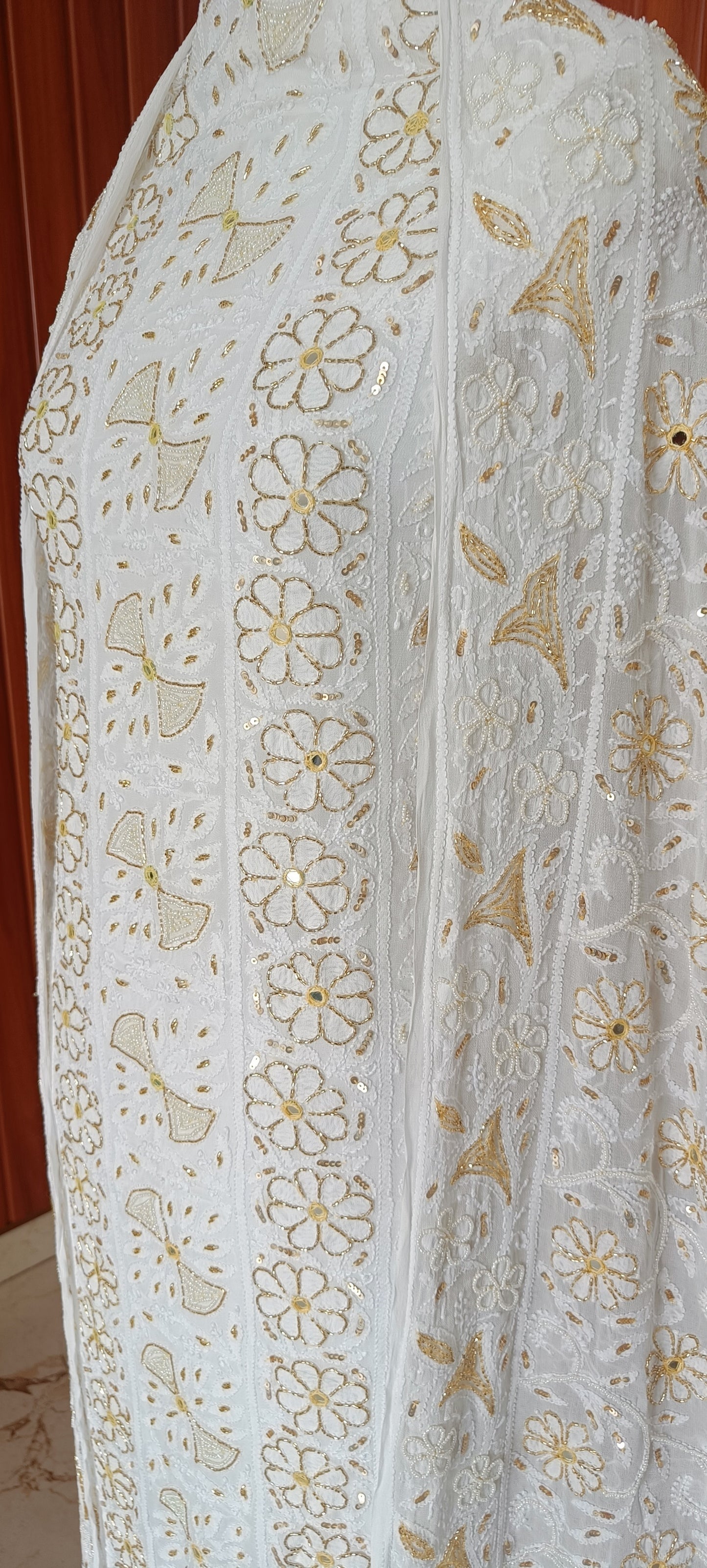 Off white Chikankari Pearl Sequins Cut Dana Kurta with Jaal Dupatta