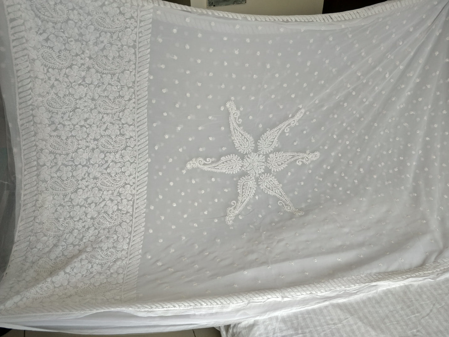 White semi georgette resham chikankari saree