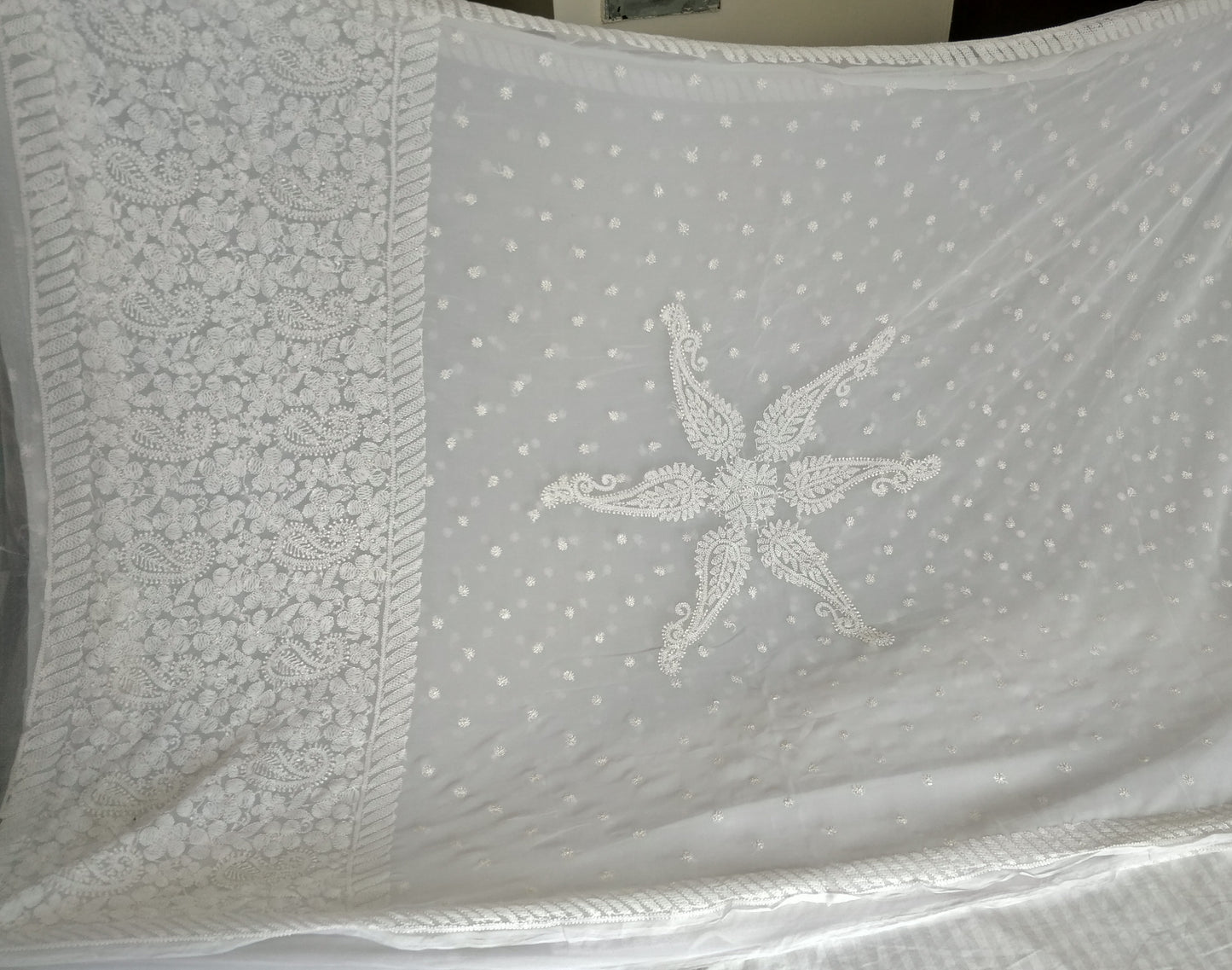 White semi georgette resham chikankari saree