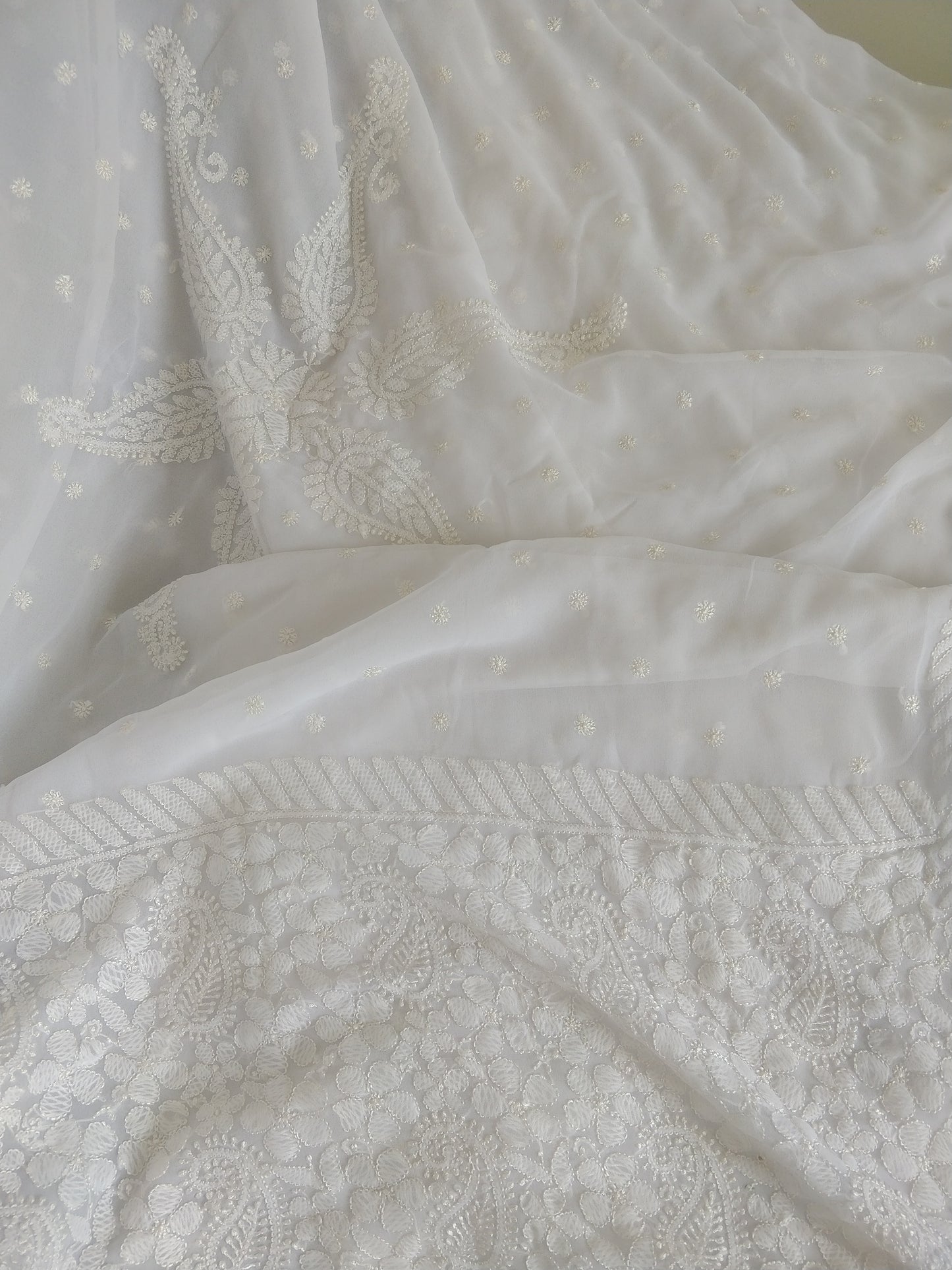 White semi georgette resham chikankari saree