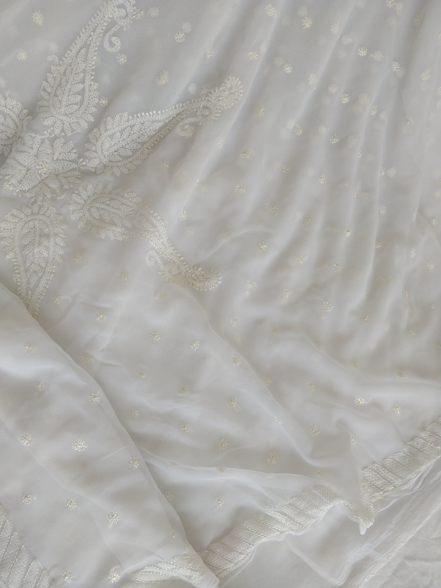 White semi georgette resham chikankari saree