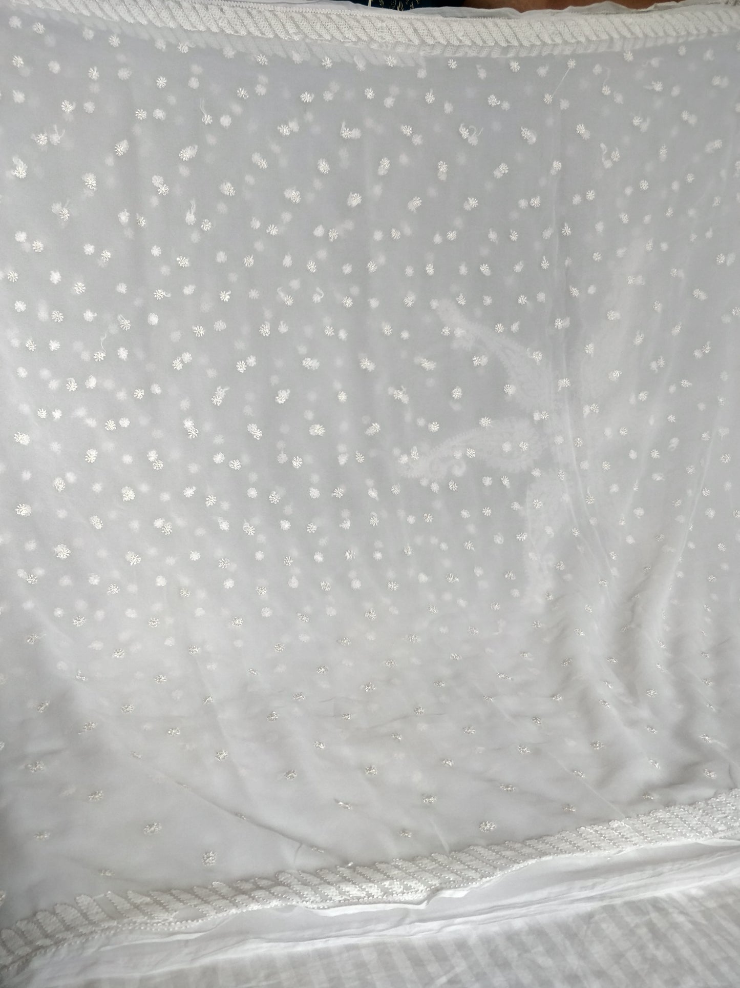 White semi georgette resham chikankari saree