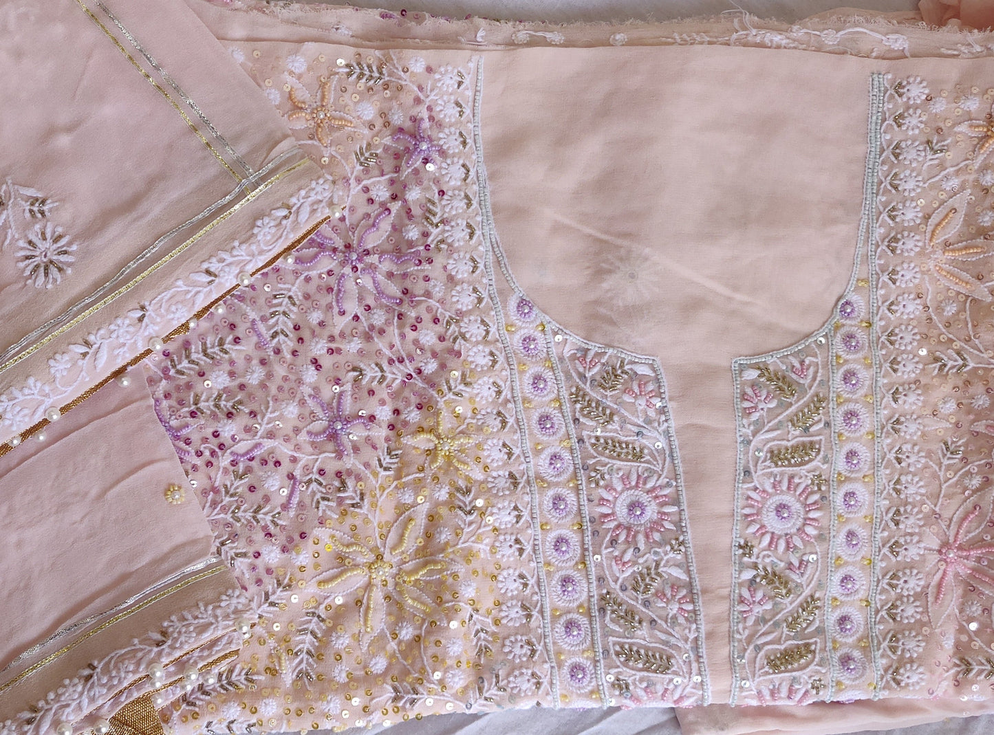 Ruhani Dusty Pink Chikankari with Multicolored Sequins Pearl and Cut Dana Suit