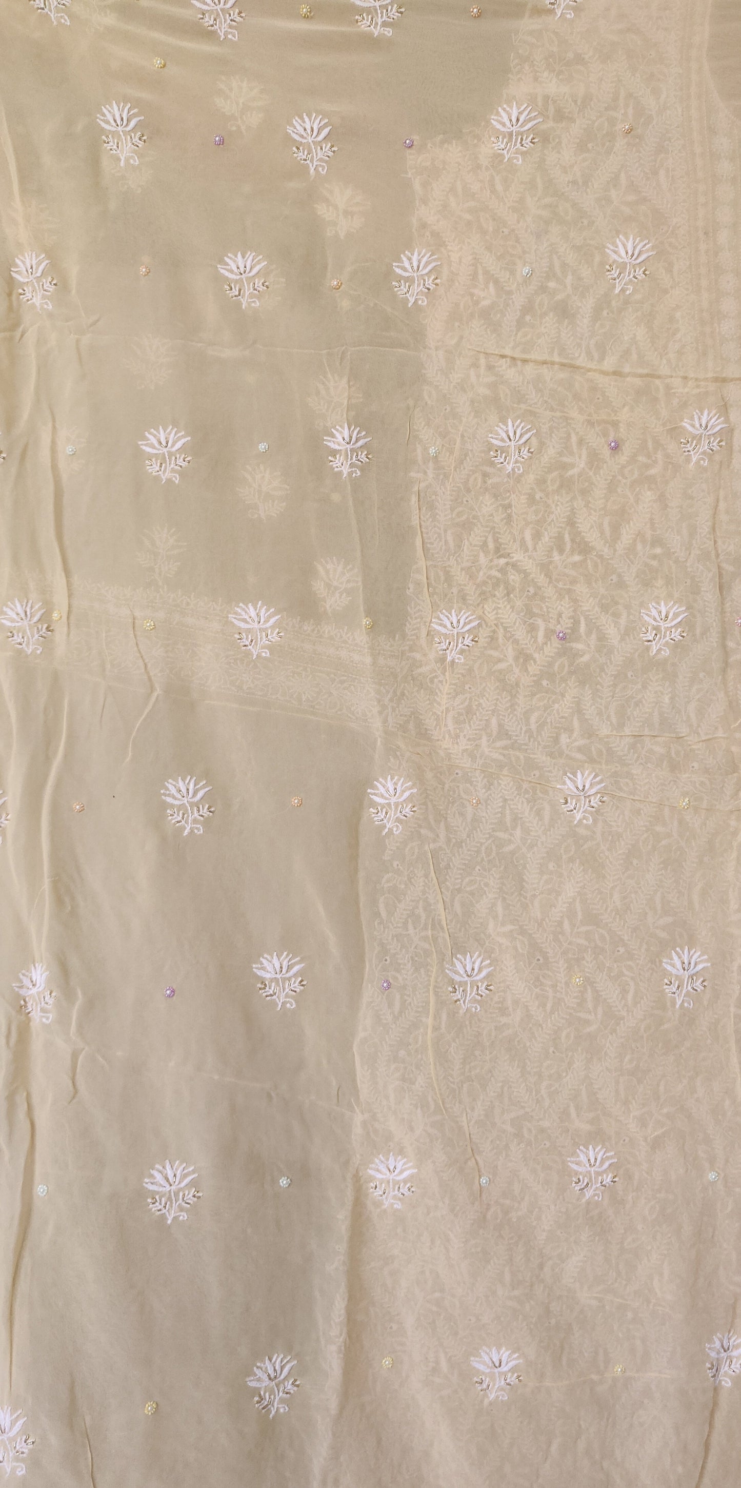 Ruhani Beige Suit with Chikankari Multicolored Sequins Pearl Cut Dana