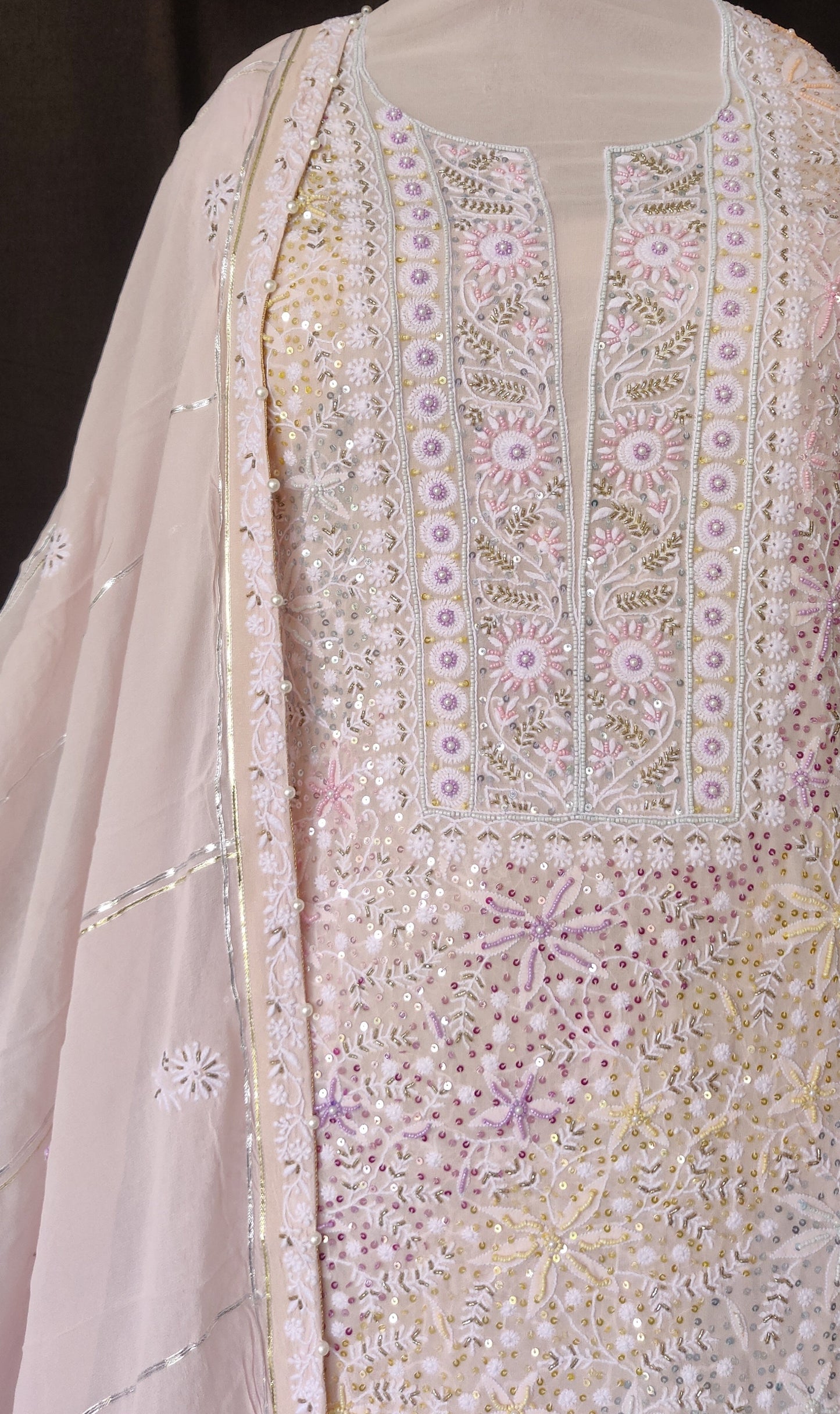 Ruhani Dusty Pink Chikankari with Multicolored Sequins Pearl and Cut Dana Suit