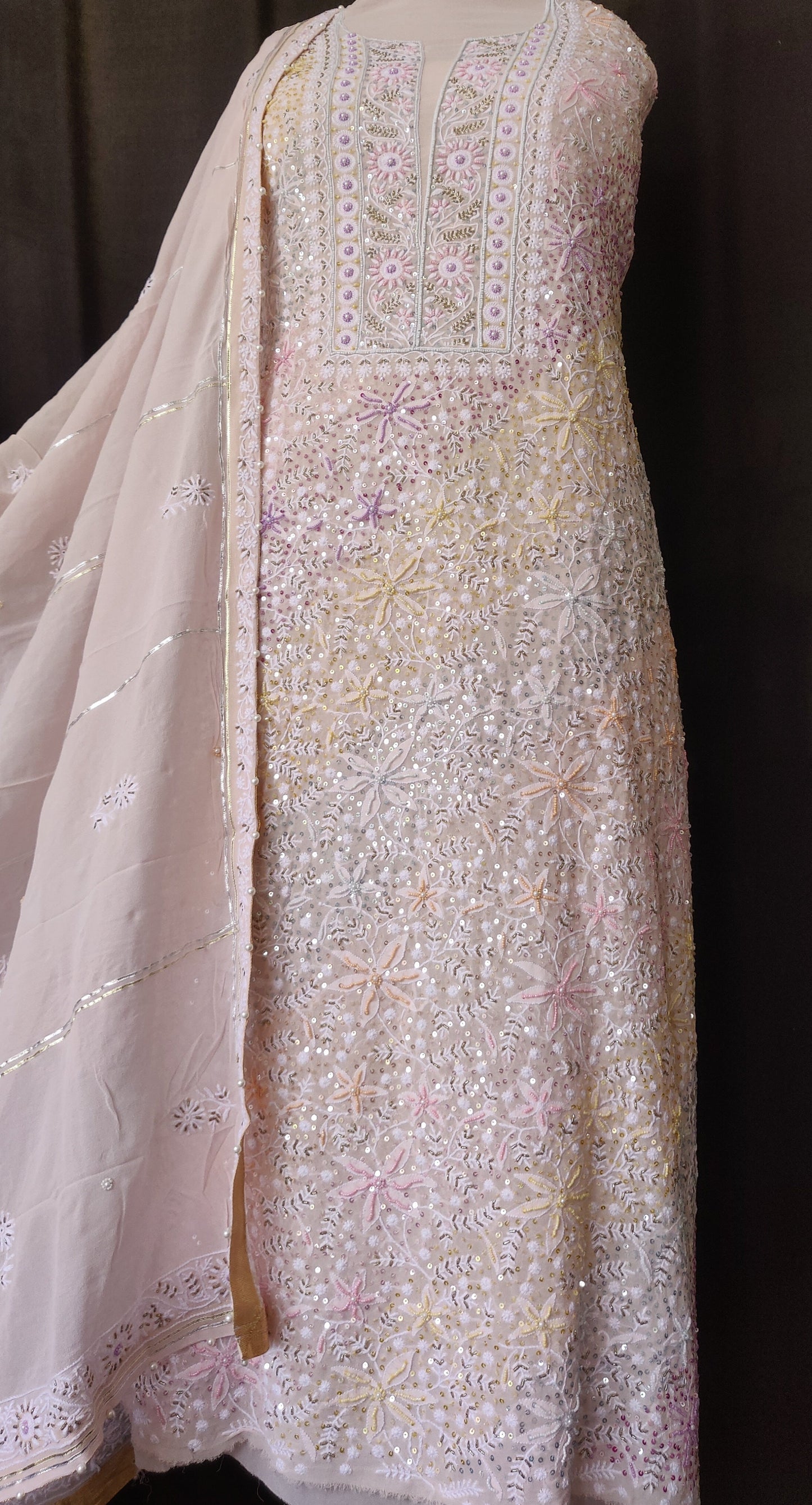 Ruhani Dusty Pink Chikankari with Multicolored Sequins Pearl and Cut Dana Suit