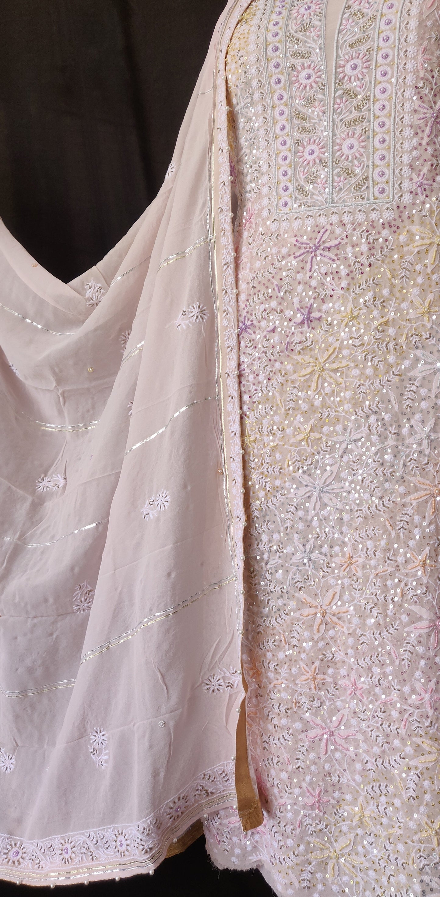 Ruhani Dusty Pink Chikankari with Multicolored Sequins Pearl and Cut Dana Suit