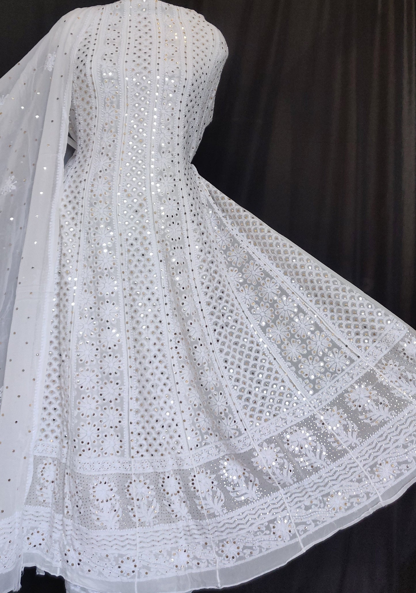 White allover Chikankari and heavy mukaish anarkali with dupatta