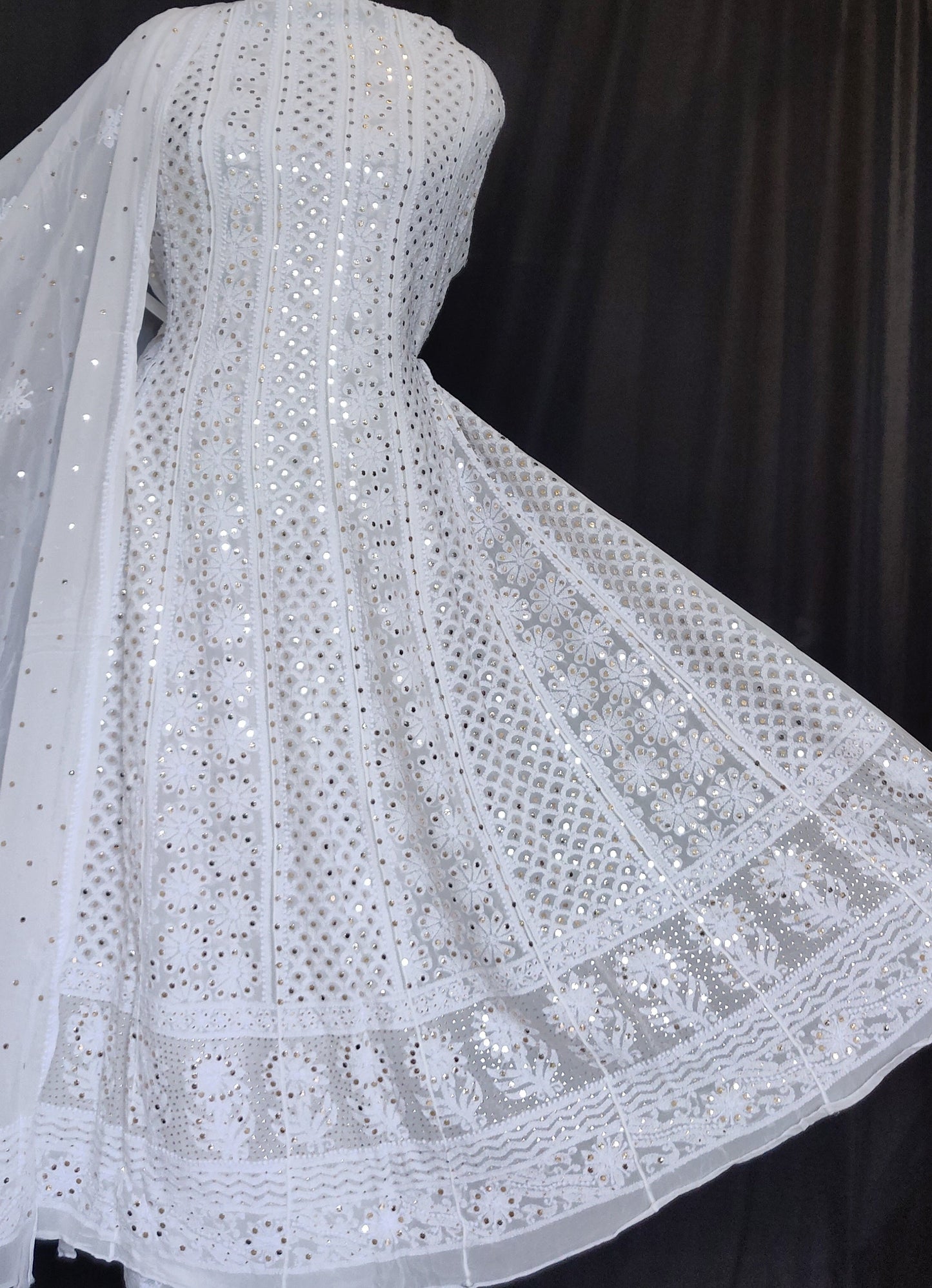 White allover Chikankari and heavy mukaish anarkali with dupatta