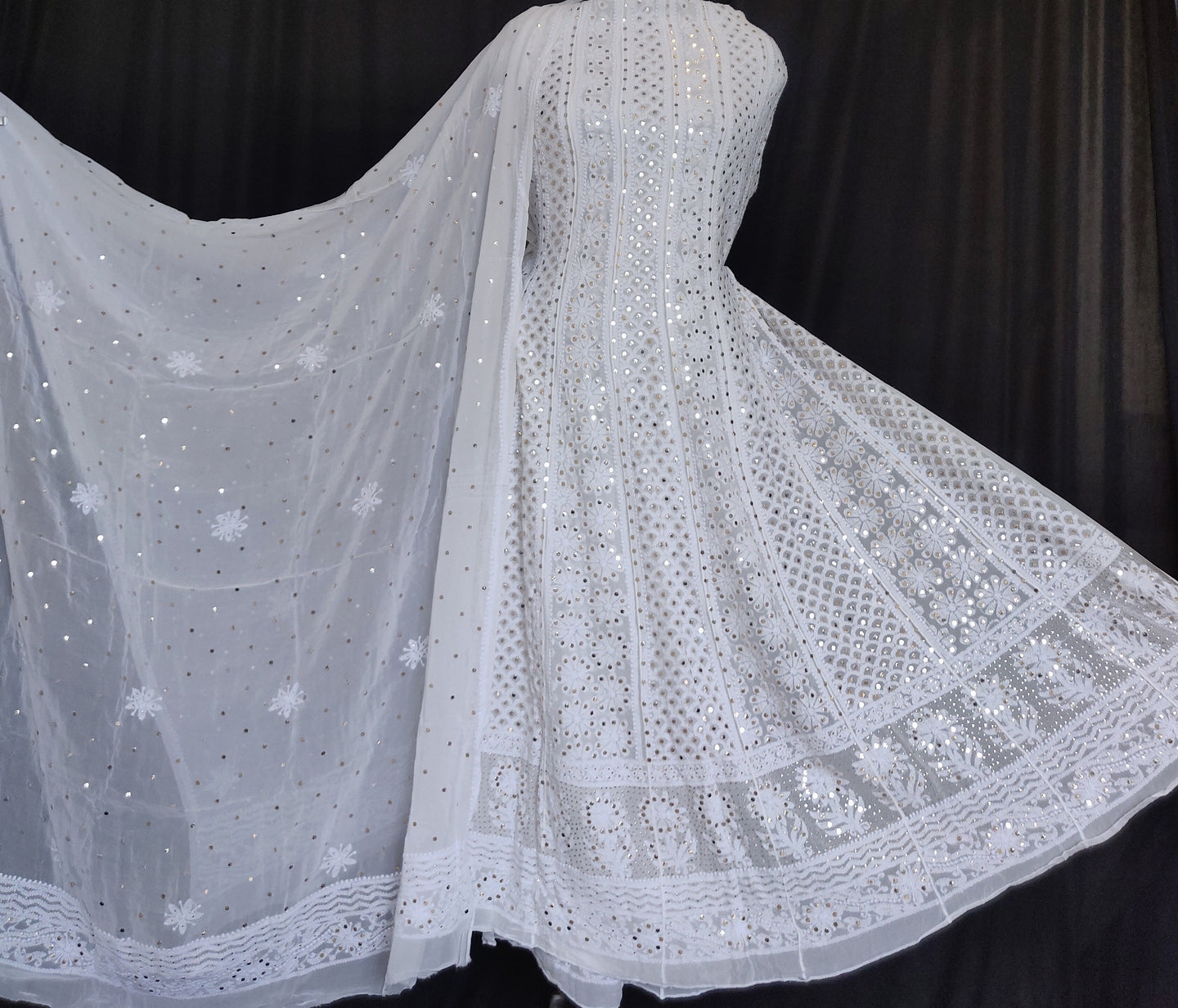 White allover Chikankari and heavy mukaish anarkali with dupatta