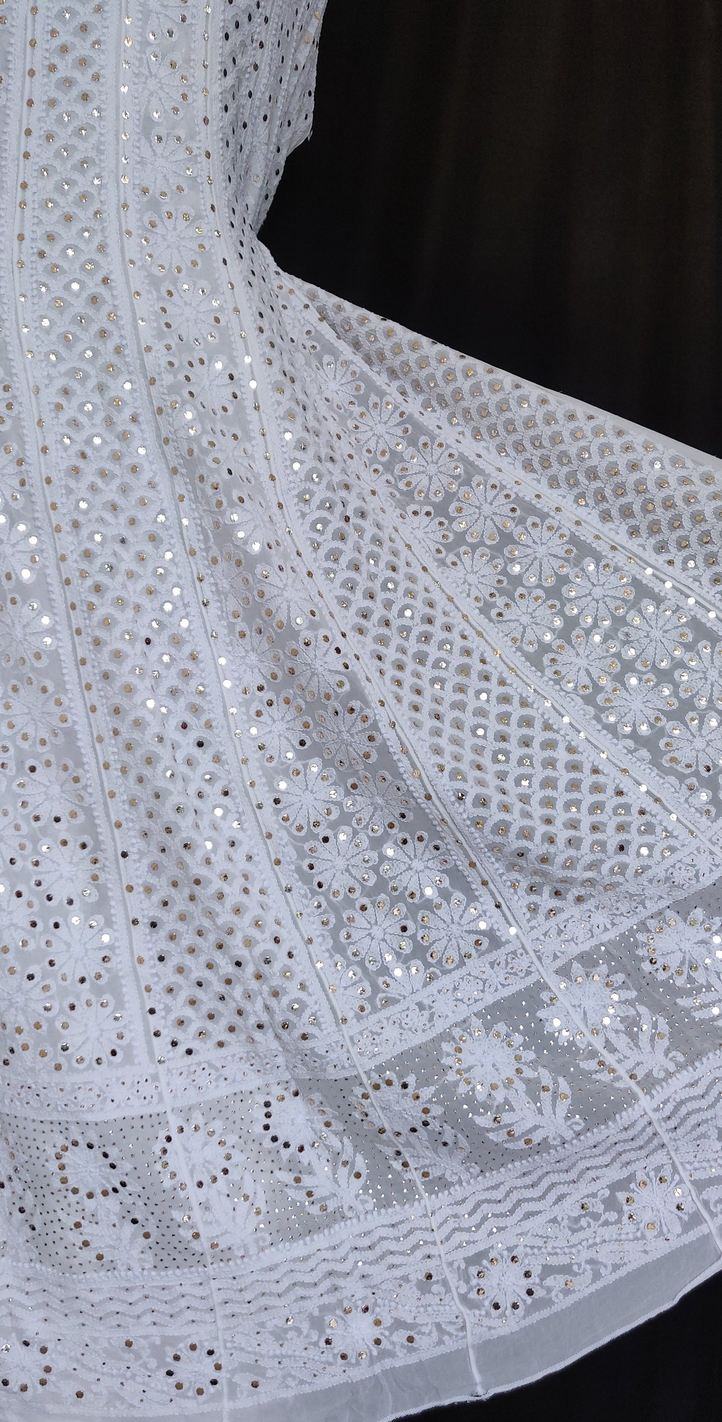 White allover Chikankari and heavy mukaish anarkali with dupatta
