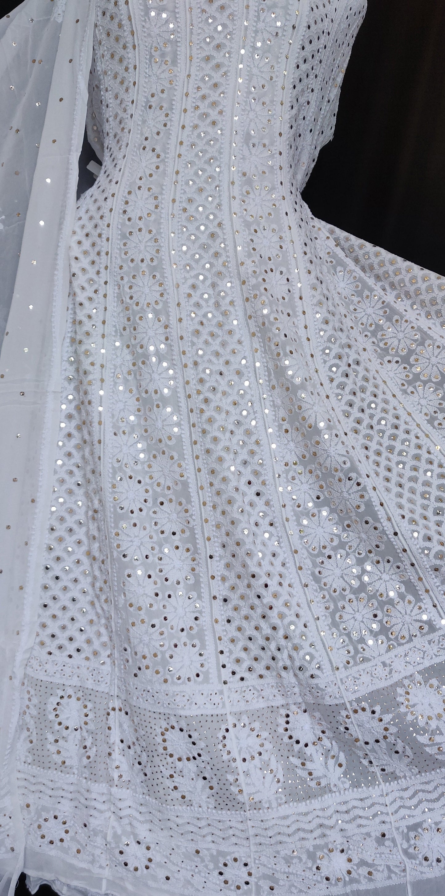 White allover Chikankari and heavy mukaish anarkali with dupatta