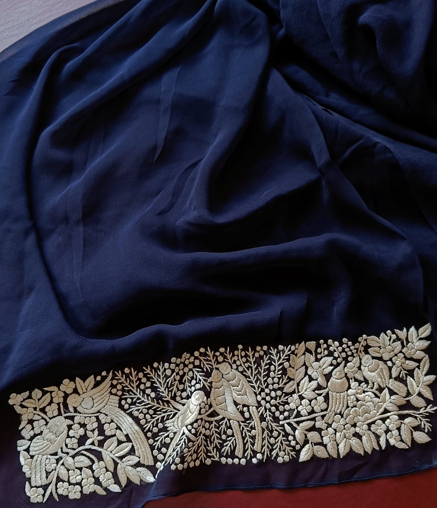 Midnight Blue and Ivory Parsi Gara Hand Embroidered Kurta and Dupatta