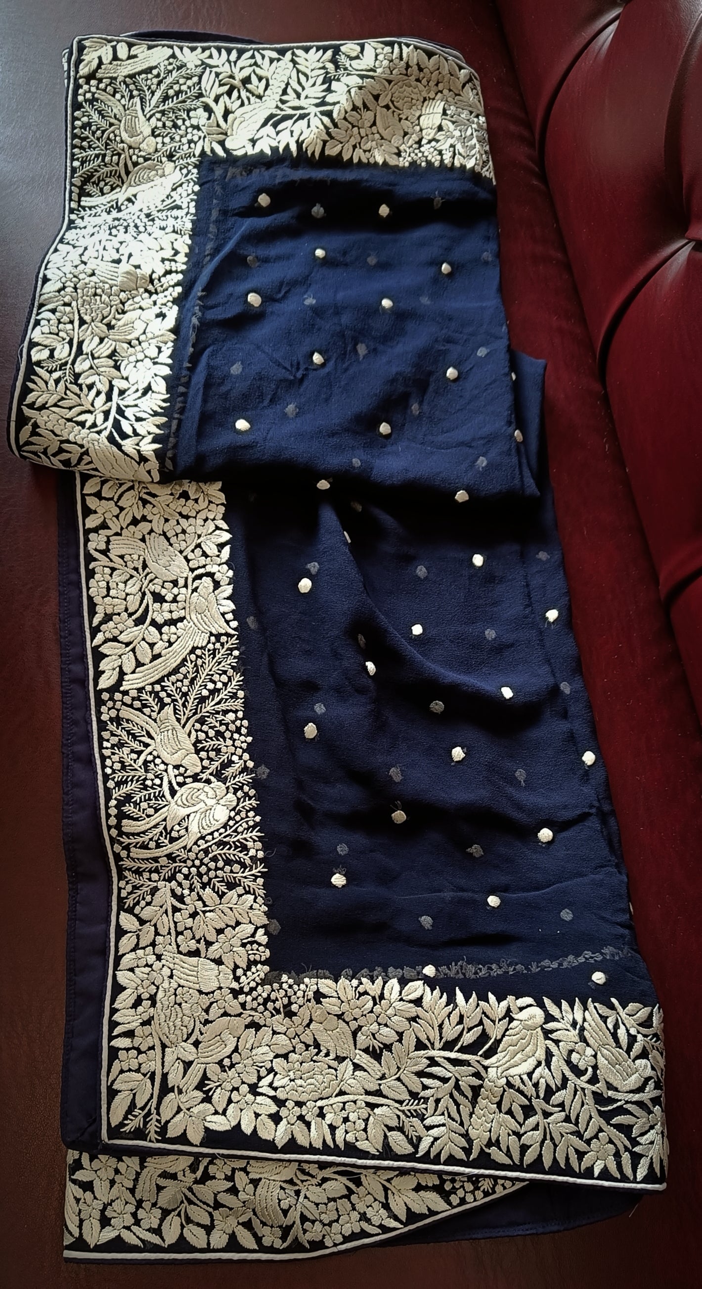Midnight Blue and Ivory Parsi Gara Hand Embroidered Kurta and Dupatta