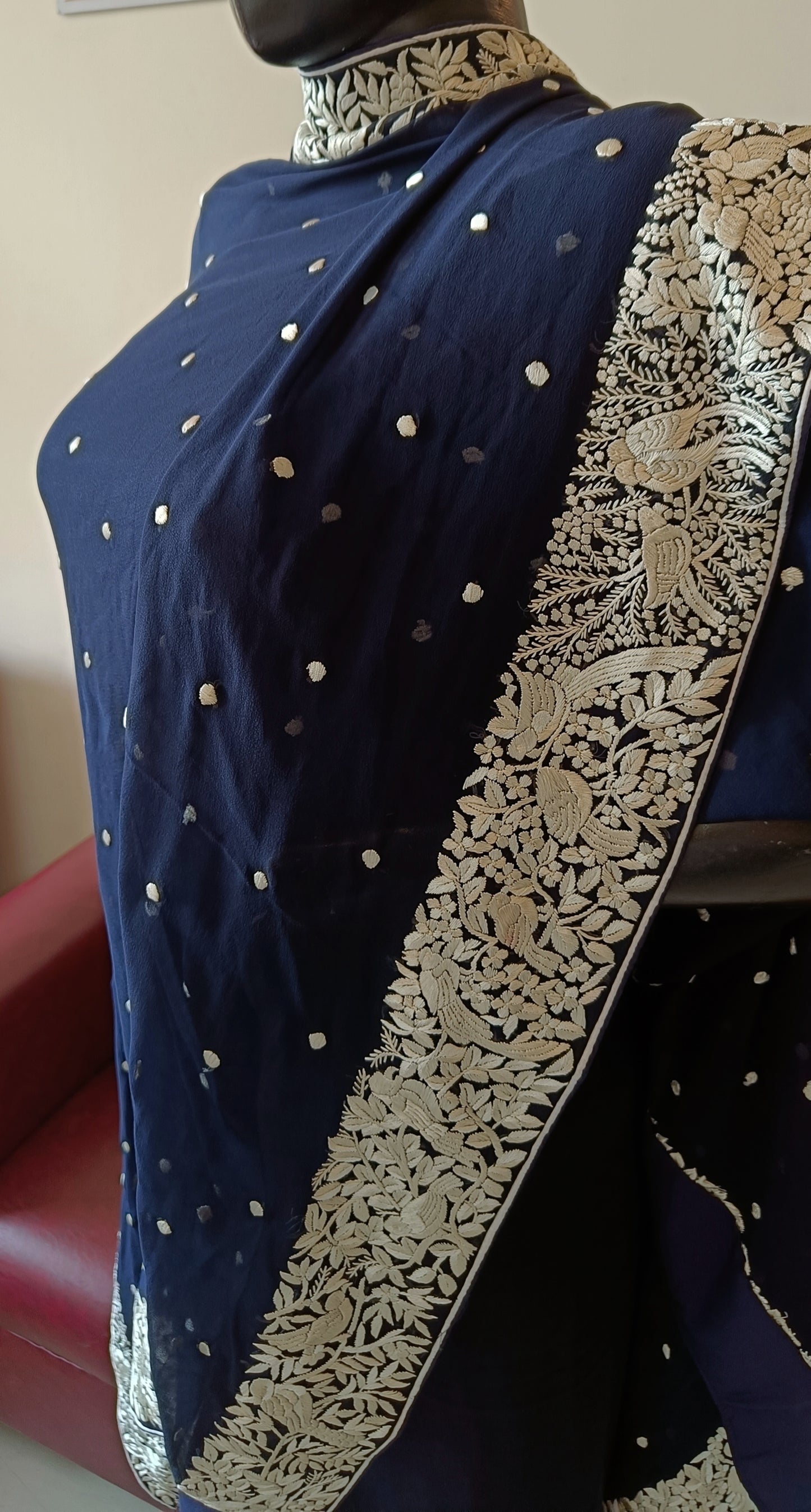Midnight Blue and Ivory Parsi Gara Hand Embroidered Kurta and Dupatta