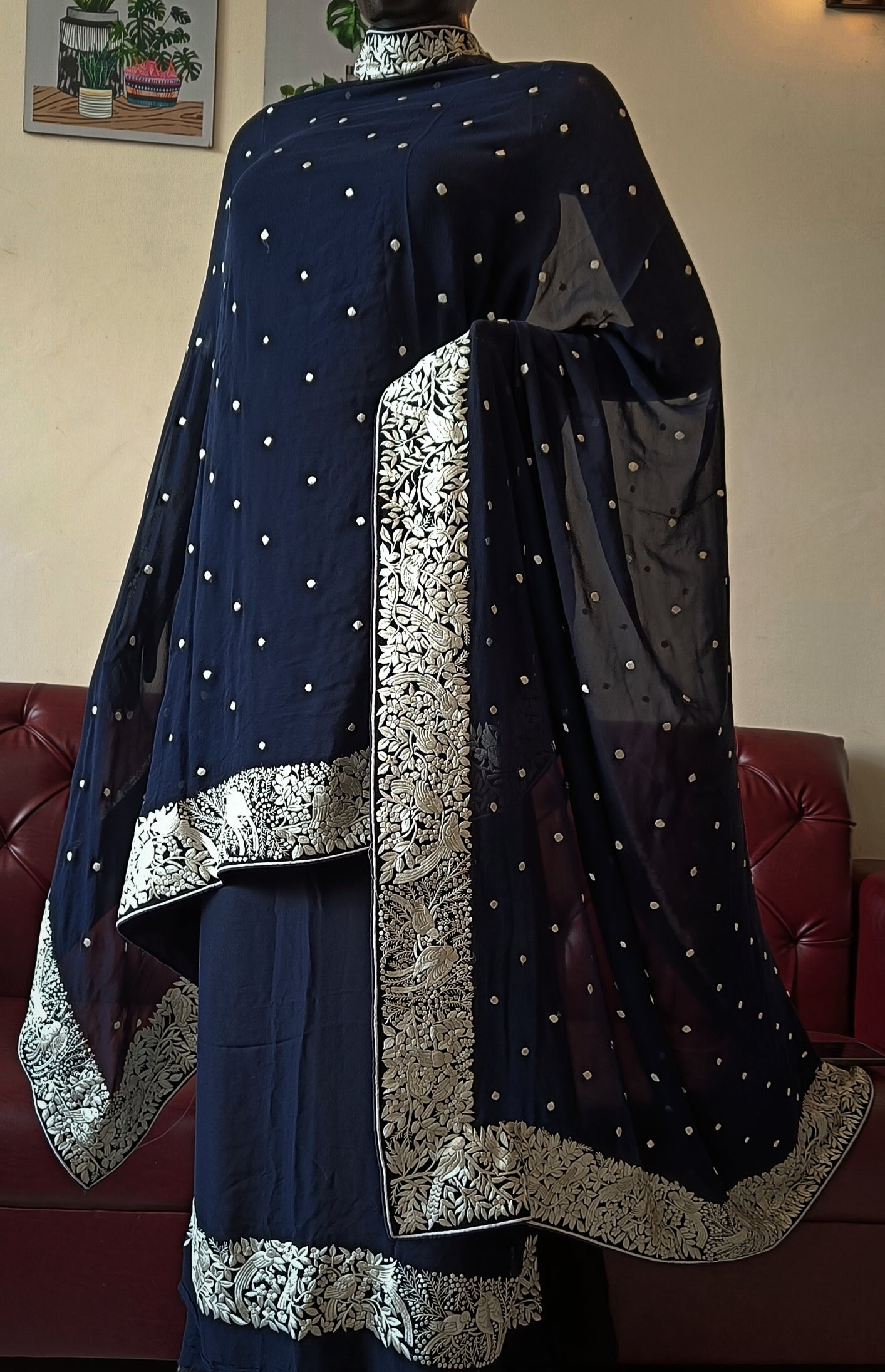 Midnight Blue and Ivory Parsi Gara Hand Embroidered Kurta and Dupatta