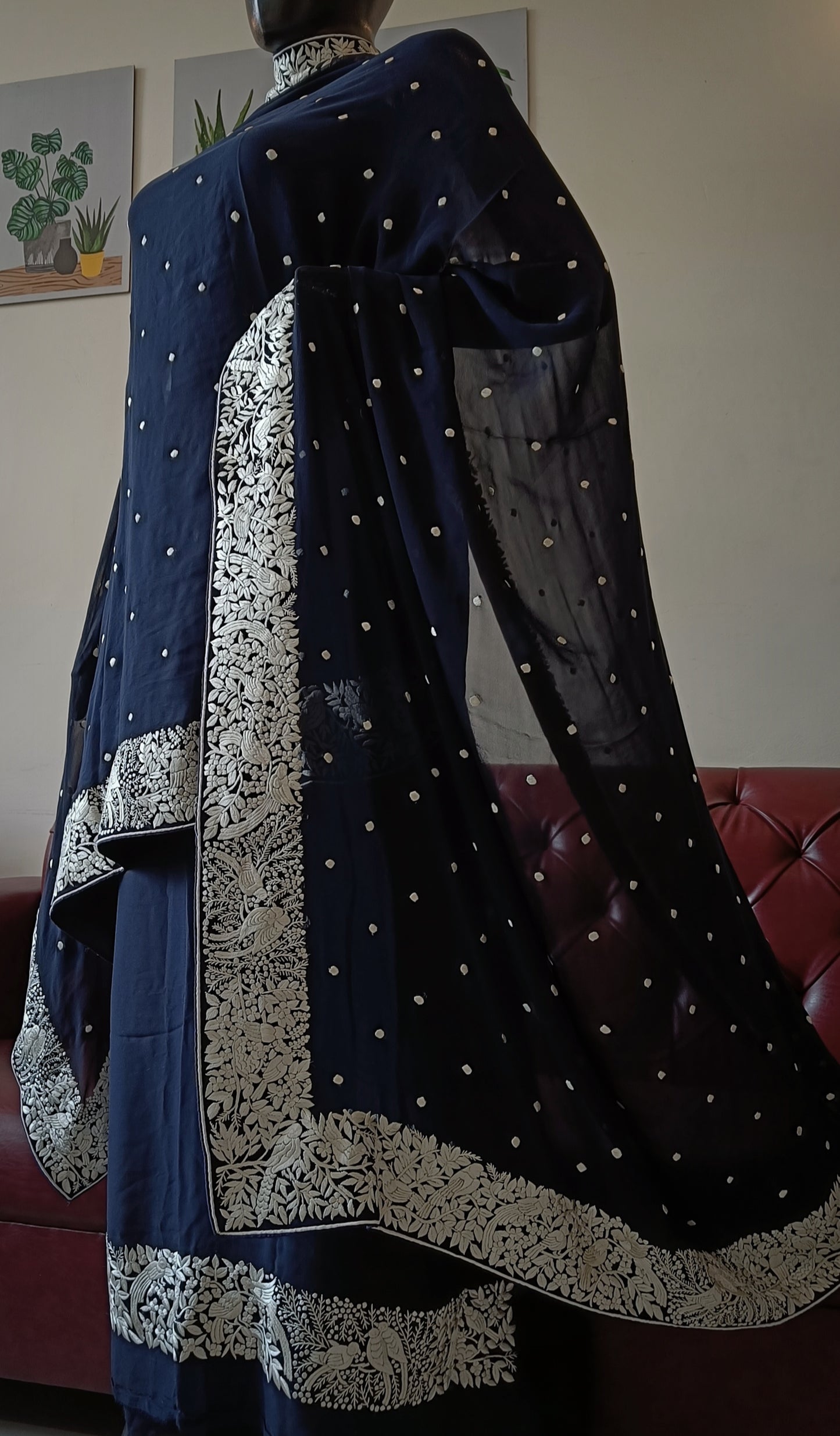Midnight Blue and Ivory Parsi Gara Hand Embroidered Kurta and Dupatta