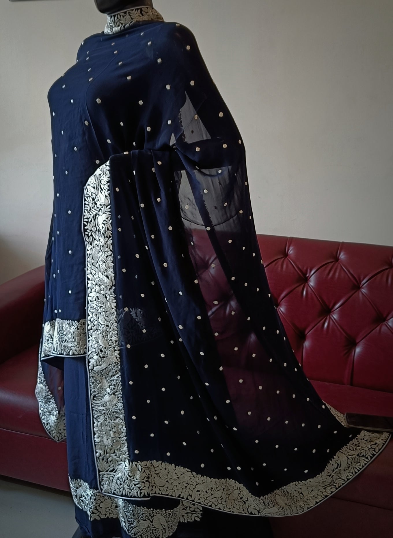 Midnight Blue and Ivory Parsi Gara Hand Embroidered Kurta and Dupatta