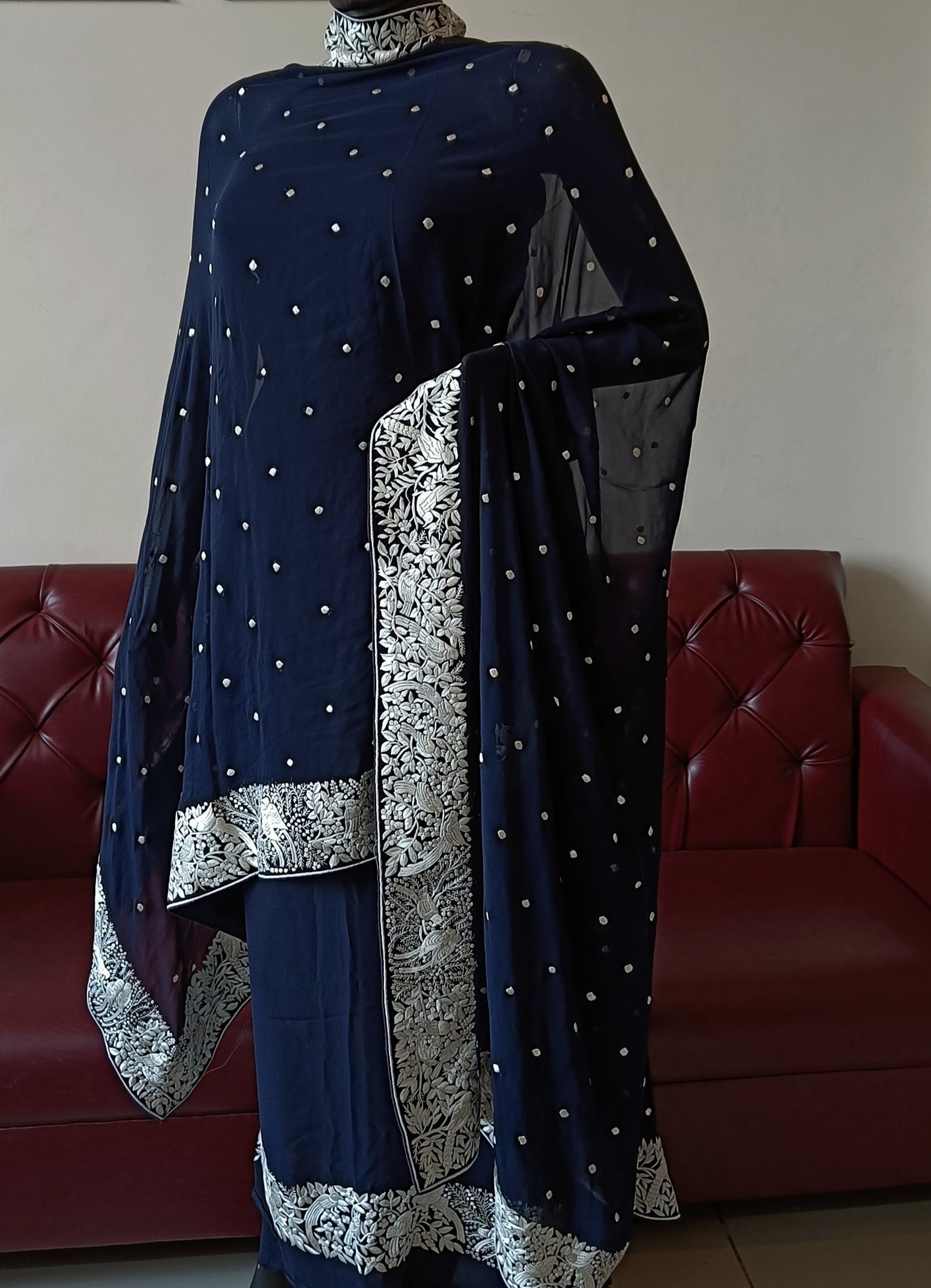 Midnight Blue and Ivory Parsi Gara Hand Embroidered Kurta and Dupatta