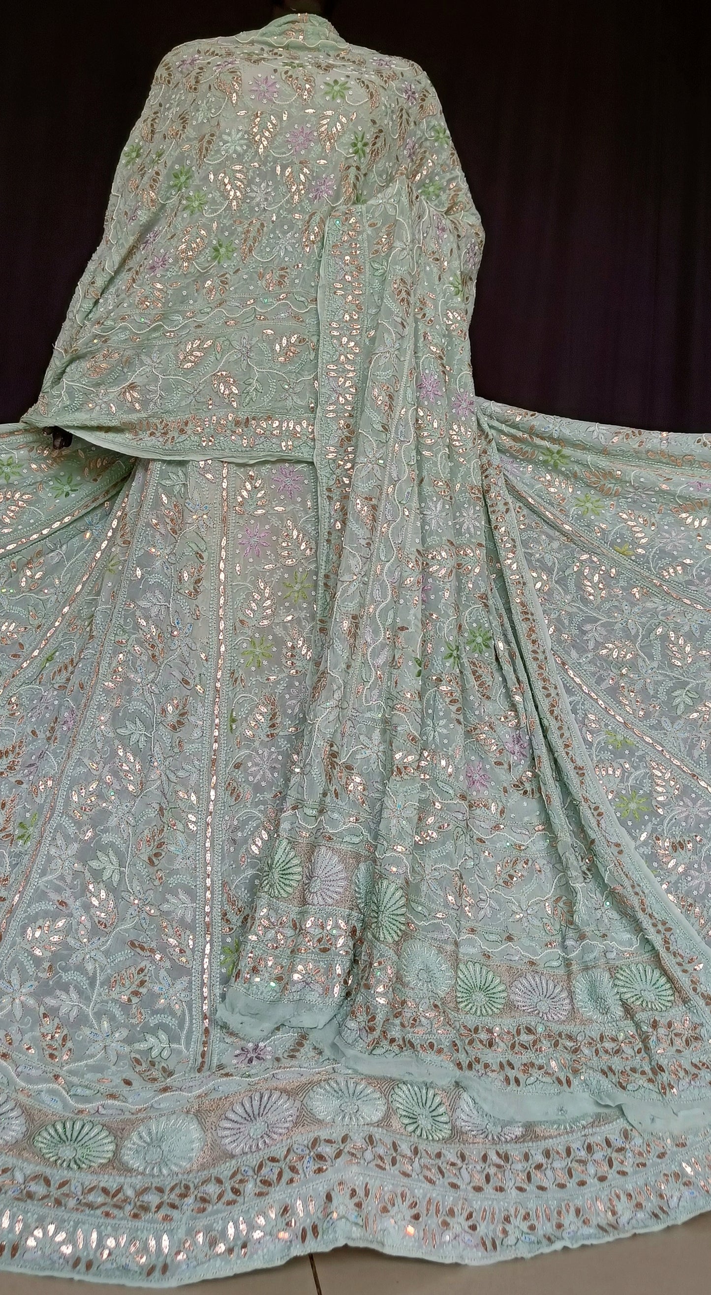 Ruhani Sage Green Chikankari resham pearl sequins gota patti lehenga set