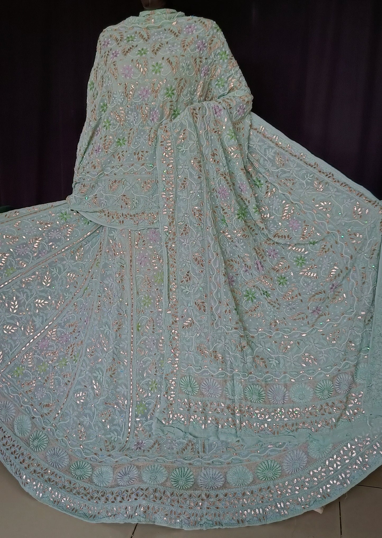 Ruhani Sage Green Chikankari resham pearl sequins gota patti lehenga set