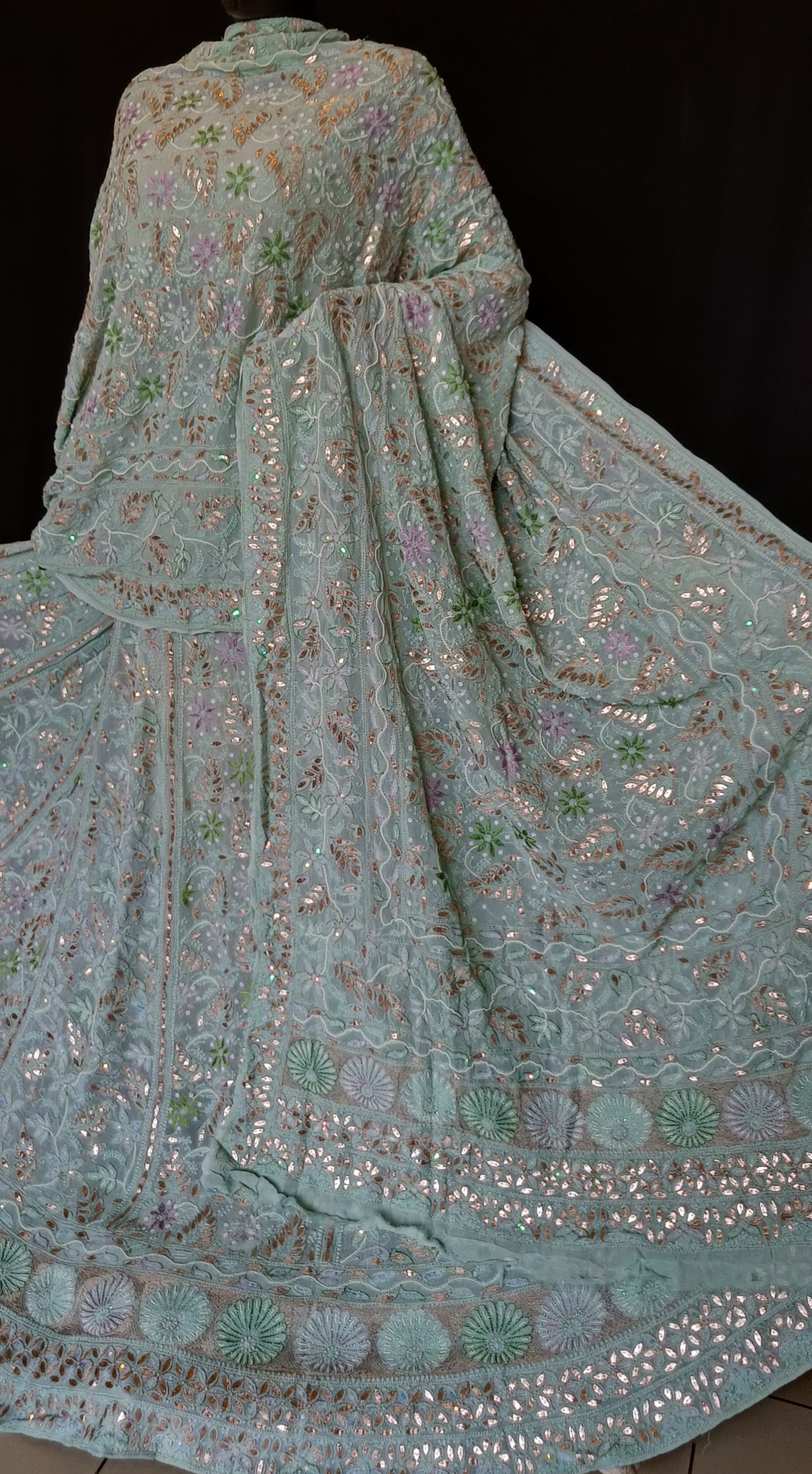 Ruhani Sage Green Chikankari resham pearl sequins gota patti lehenga set
