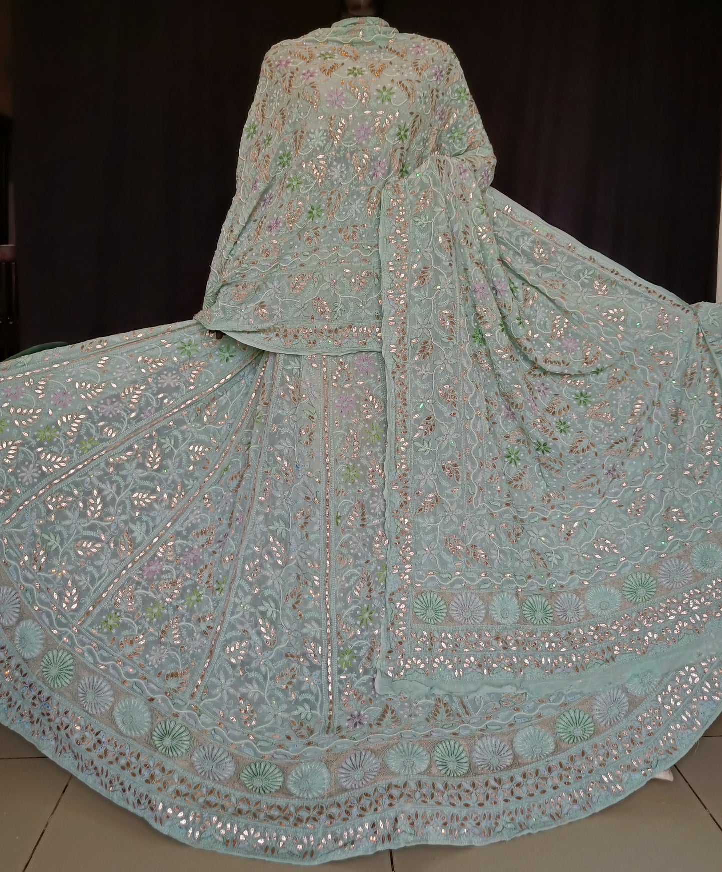 Ruhani Sage Green Chikankari resham pearl sequins gota patti lehenga set