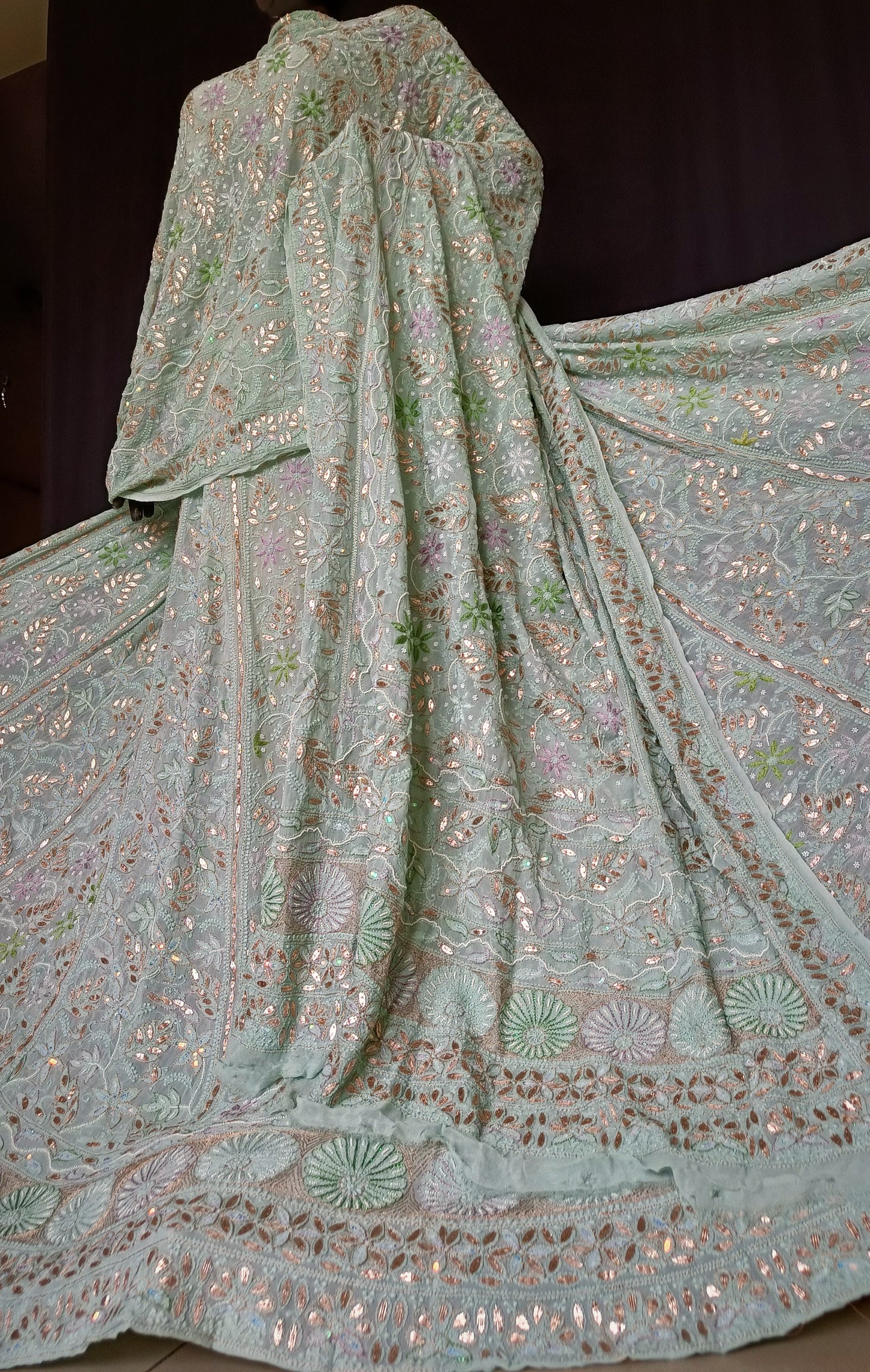 Ruhani Sage Green Chikankari resham pearl sequins gota patti lehenga set