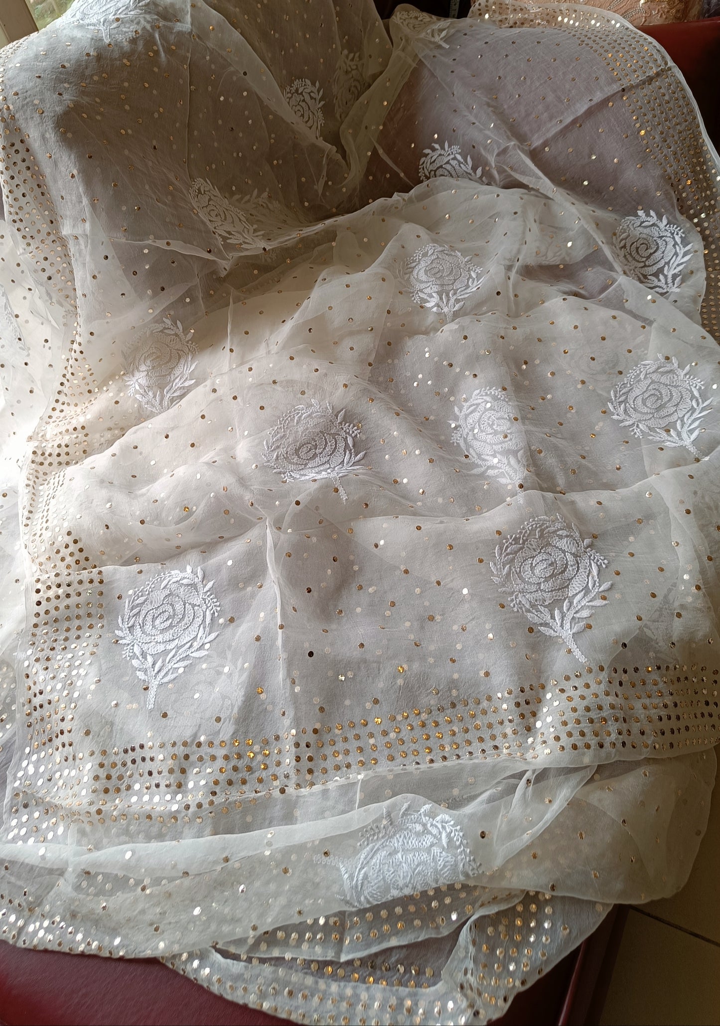 Ruhani Ivory Pure Organza Saree with Allover Chikankari and Mukaish