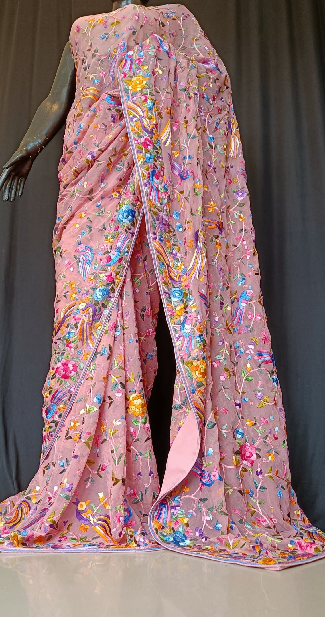 Gajri Pink Masterpiece Parsi Gara Pure Georgette Saree